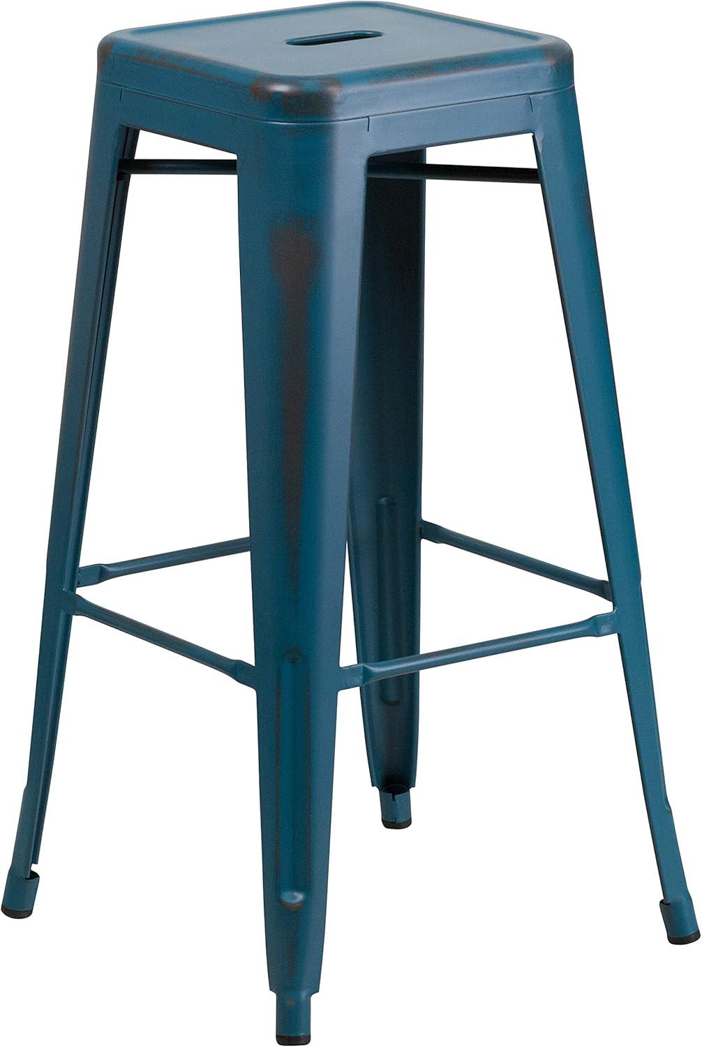 imageFlash Furniture 30quotH Commercial Modern Metal Backless Barstool IndoorOutdoor Industrial Square Stacking Bar Stool for Patio BarsRestaurants BlackDistressed Antique Blue