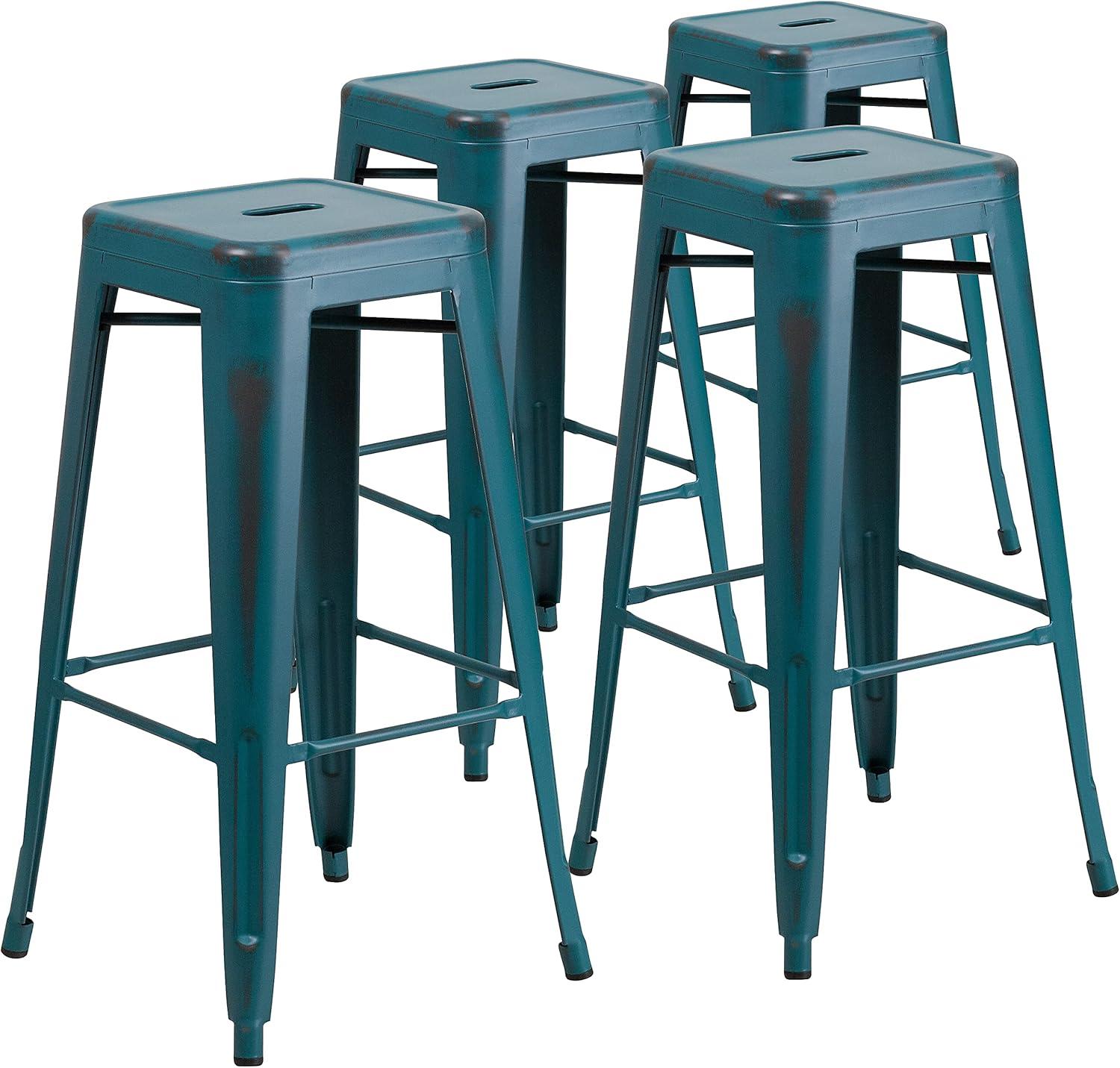 imageFlash Furniture 30quotH Commercial Modern Metal Backless Barstool IndoorOutdoor Industrial Square Stacking Bar Stool for Patio BarsRestaurants BlackDistressed Kelly Blueteal