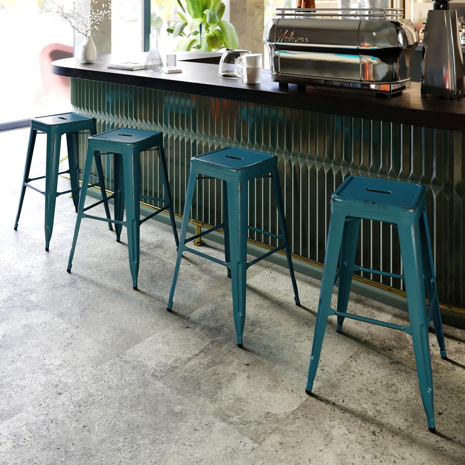 imageFlash Furniture 30quotH Commercial Modern Metal Backless Barstool IndoorOutdoor Industrial Square Stacking Bar Stool for Patio BarsRestaurants BlackDistressed Kelly Blueteal
