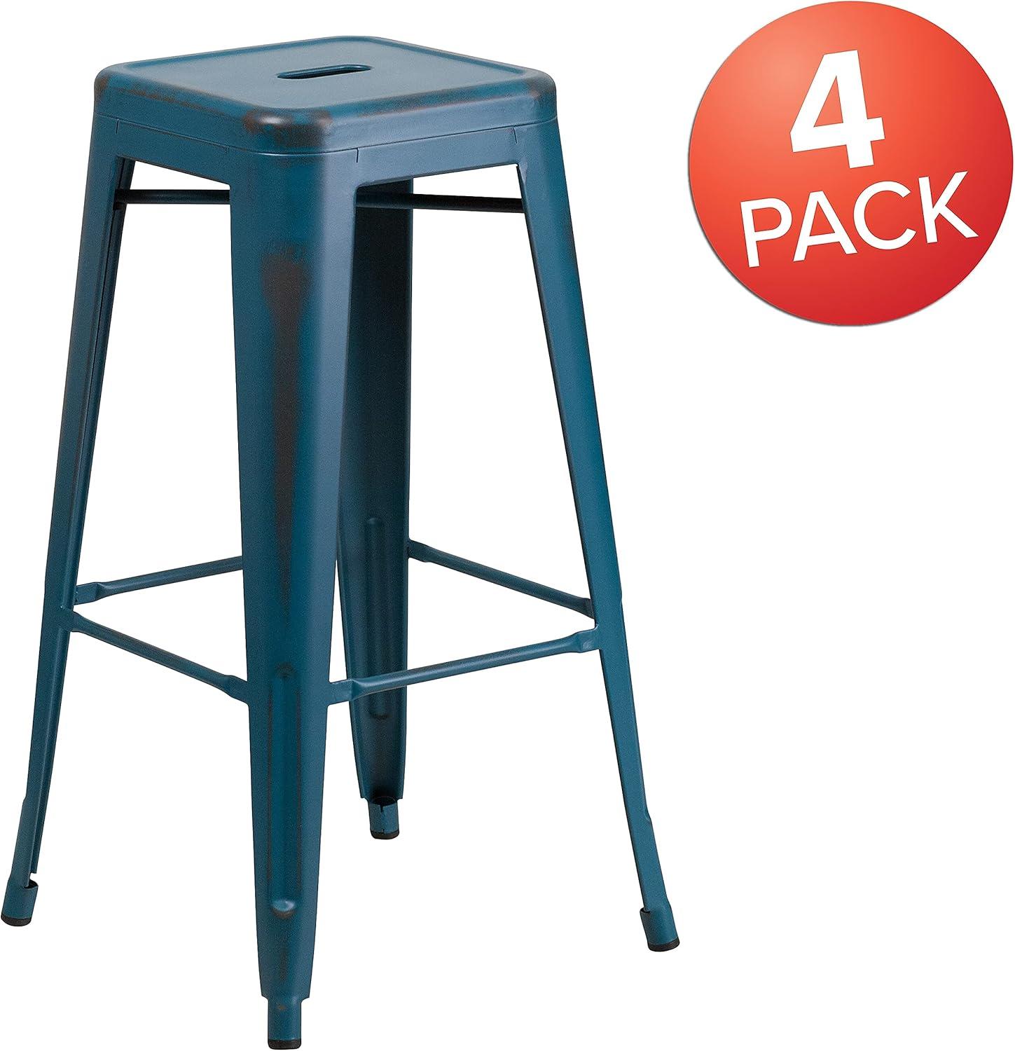 imageFlash Furniture 30quotH Commercial Modern Metal Backless Barstool IndoorOutdoor Industrial Square Stacking Bar Stool for Patio BarsRestaurants BlackDistressed Antique Blue