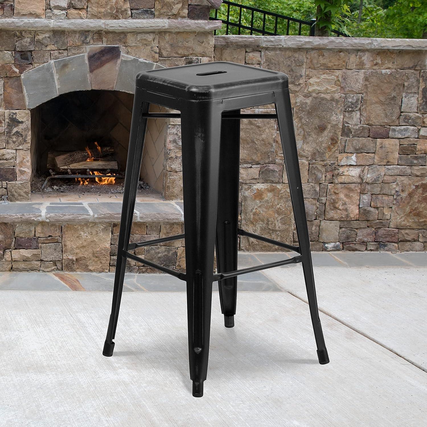 imageFlash Furniture 30quotH Commercial Modern Metal Backless Barstool IndoorOutdoor Industrial Square Stacking Bar Stool for Patio BarsRestaurants BlackDistressed Black