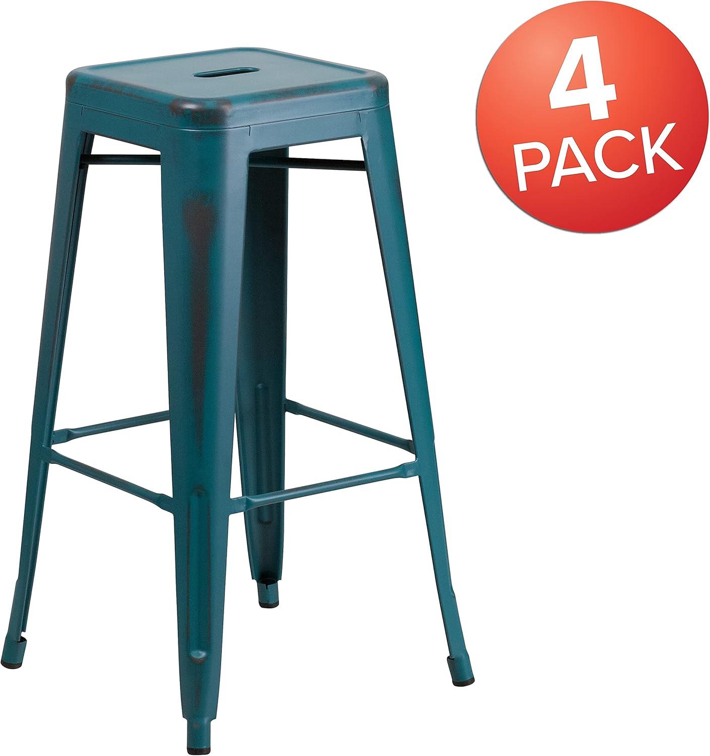 imageFlash Furniture 30quotH Commercial Modern Metal Backless Barstool IndoorOutdoor Industrial Square Stacking Bar Stool for Patio BarsRestaurants BlackDistressed Kelly Blueteal