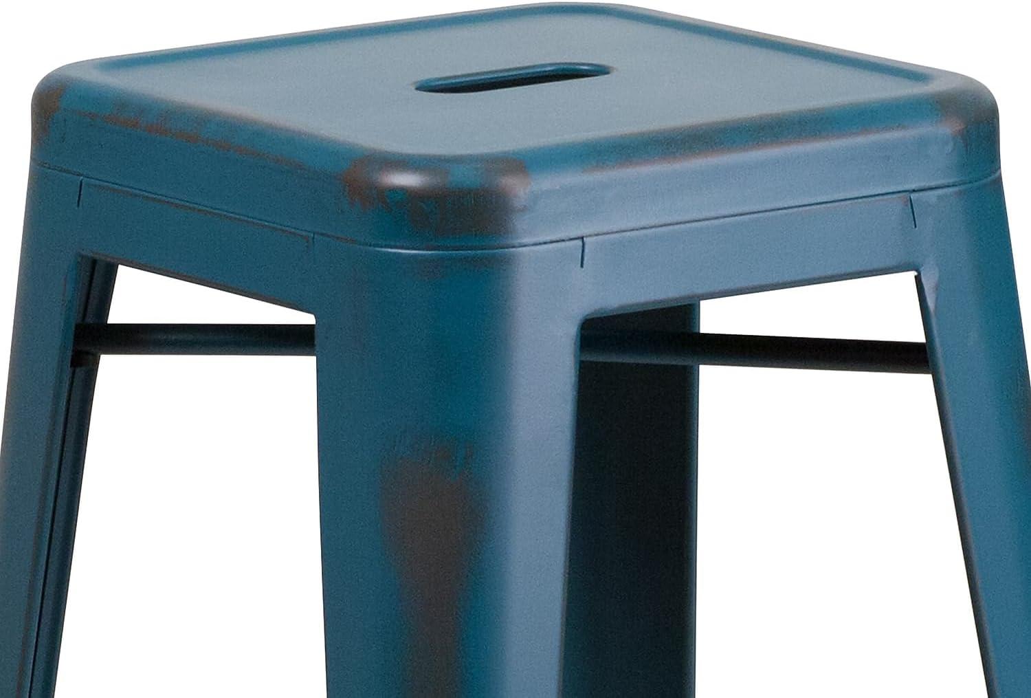 imageFlash Furniture 30quotH Commercial Modern Metal Backless Barstool IndoorOutdoor Industrial Square Stacking Bar Stool for Patio BarsRestaurants BlackDistressed Antique Blue