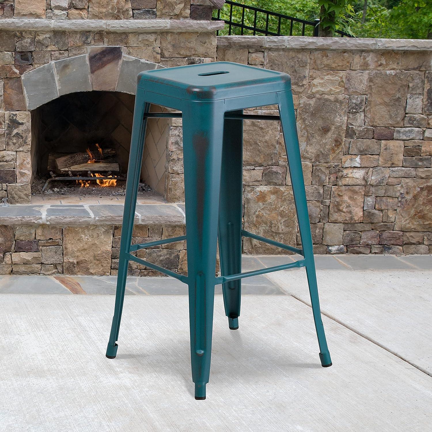 imageFlash Furniture 30quotH Commercial Modern Metal Backless Barstool IndoorOutdoor Industrial Square Stacking Bar Stool for Patio BarsRestaurants BlackDistressed Kelly Blueteal