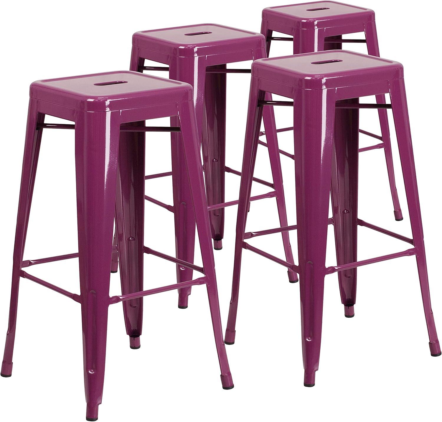 imageFlash Furniture 30quotH Commercial Modern Metal Backless Barstool IndoorOutdoor Industrial Square Stacking Bar Stool for Patio BarsRestaurants BlackPurple