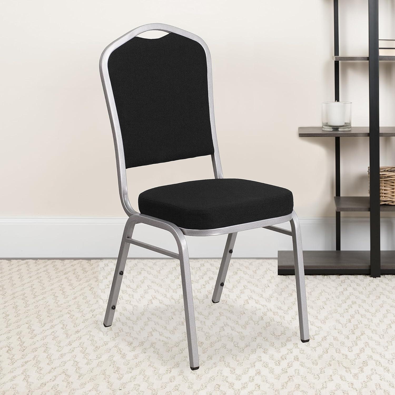 imageFlash Furniture 4 Pack HERCULES Series Crown Back Stacking Banquet Chair in Black Fabric Silver FrameBlack FabricSilver Frame