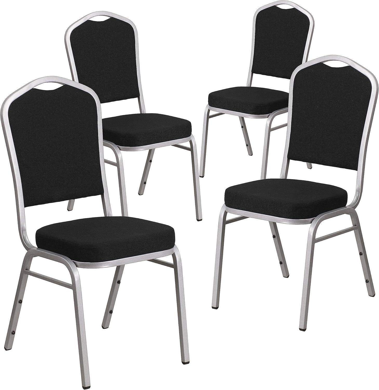 imageFlash Furniture 4 Pack HERCULES Series Crown Back Stacking Banquet Chair in Black Fabric Silver FrameBlack FabricSilver Frame