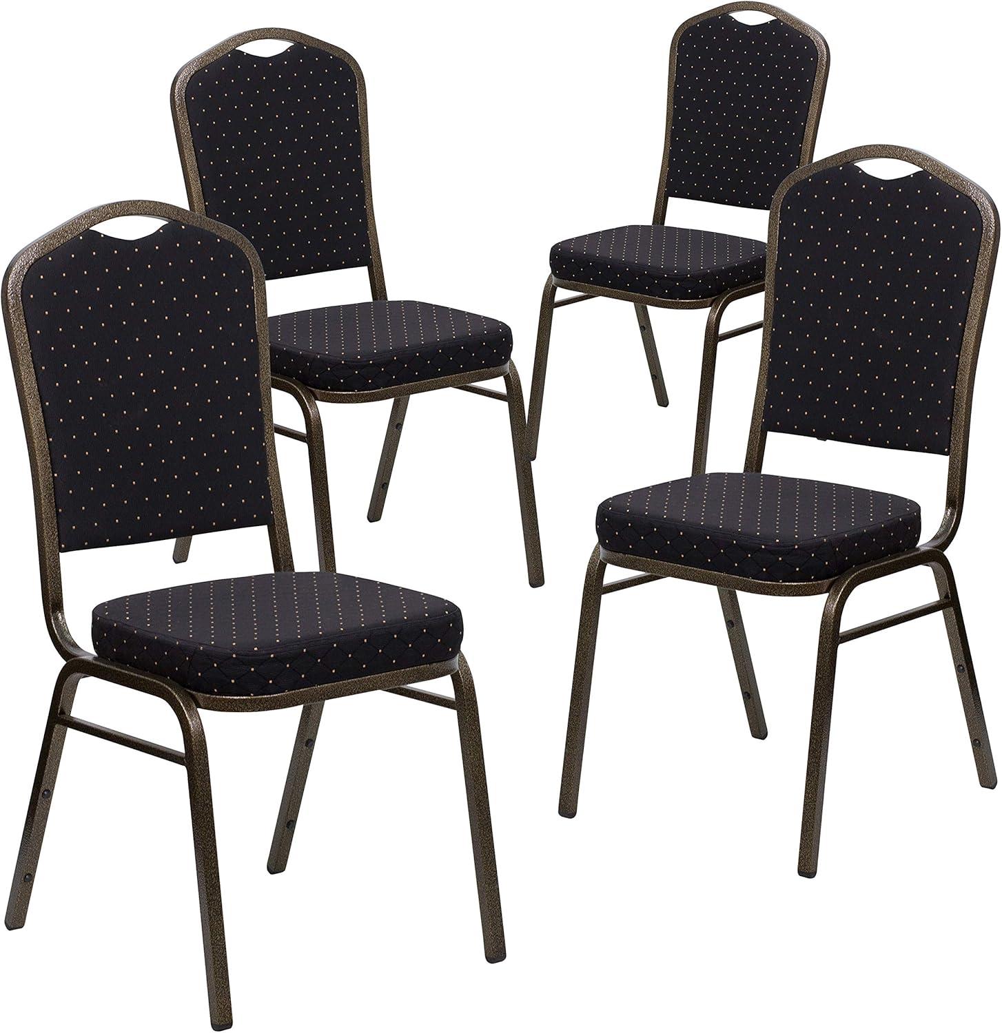 imageFlash Furniture 4 Pack HERCULES Series Crown Back Stacking Banquet Chair in Black Fabric Silver FrameBlack Patterned FabricGold Vein Frame