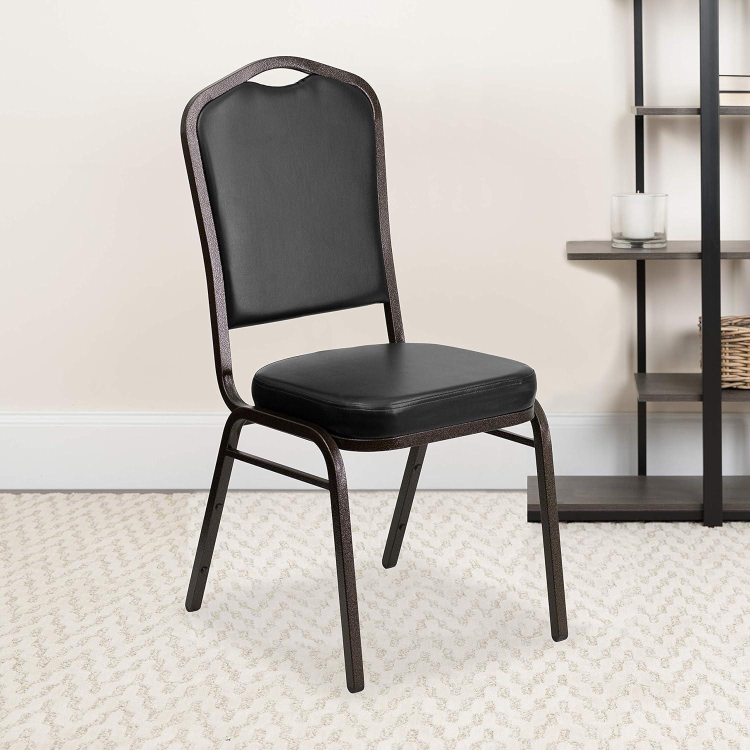 imageFlash Furniture 4 Pack HERCULES Series Crown Back Stacking Banquet Chair in Black Fabric Silver FrameBlack VinylGold Vein Frame