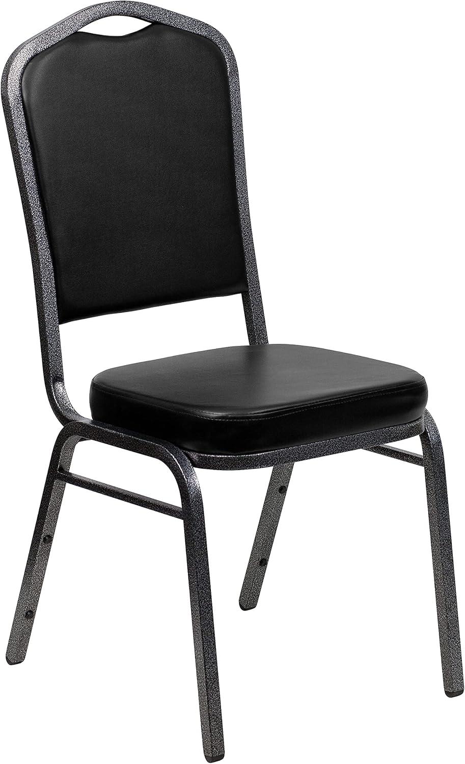 imageFlash Furniture 4 Pack HERCULES Series Crown Back Stacking Banquet Chair in Black Fabric Silver FrameBlack VinylSilver Vein Frame