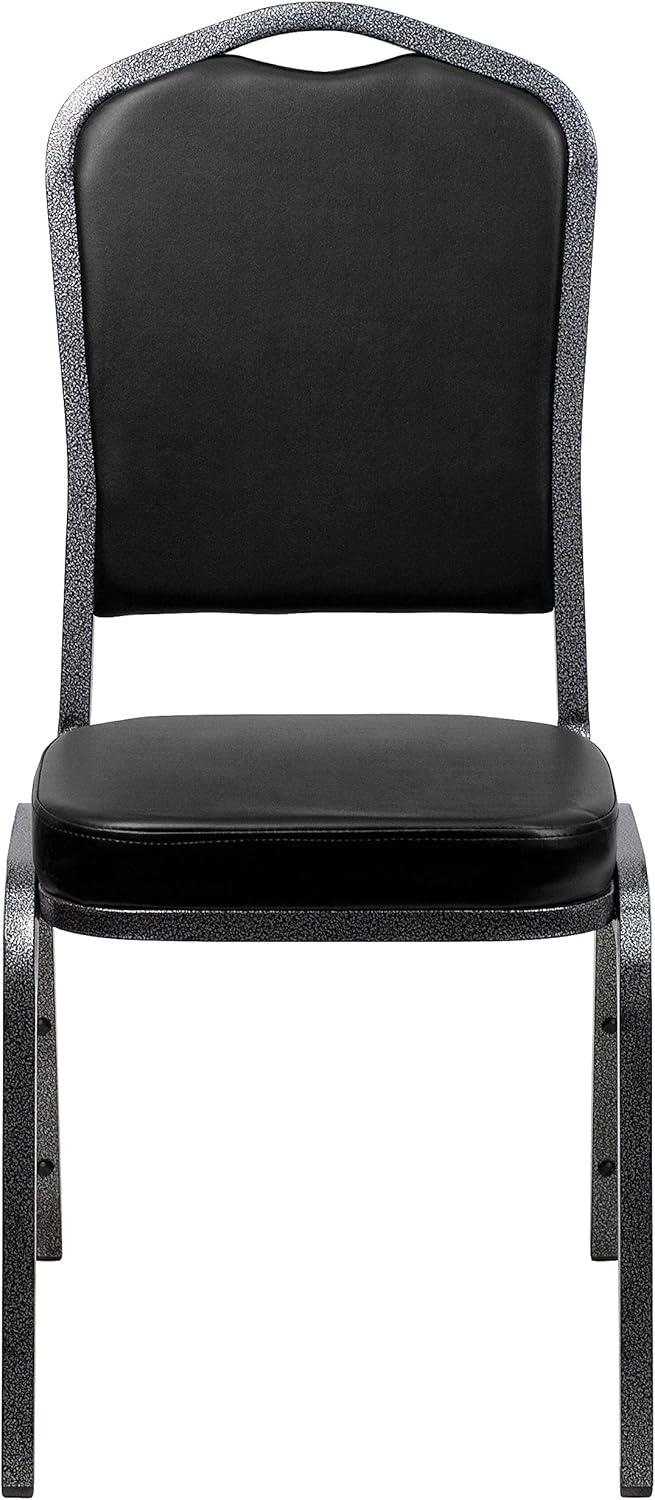 imageFlash Furniture 4 Pack HERCULES Series Crown Back Stacking Banquet Chair in Black Fabric Silver FrameBlack VinylSilver Vein Frame