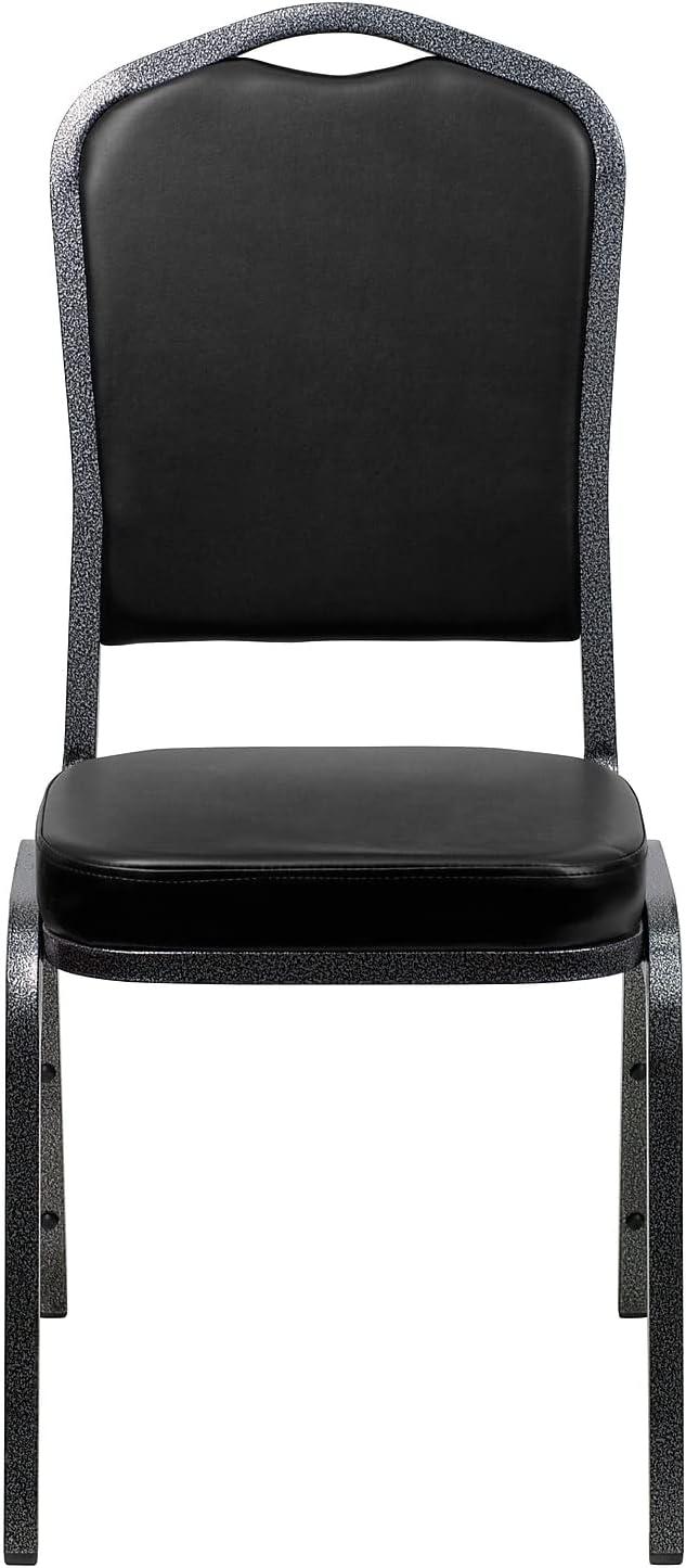 imageFlash Furniture 4 Pack HERCULES Series Crown Back Stacking Banquet Chair in Black Fabric Silver FrameBlack VinylSilver Vein Frame