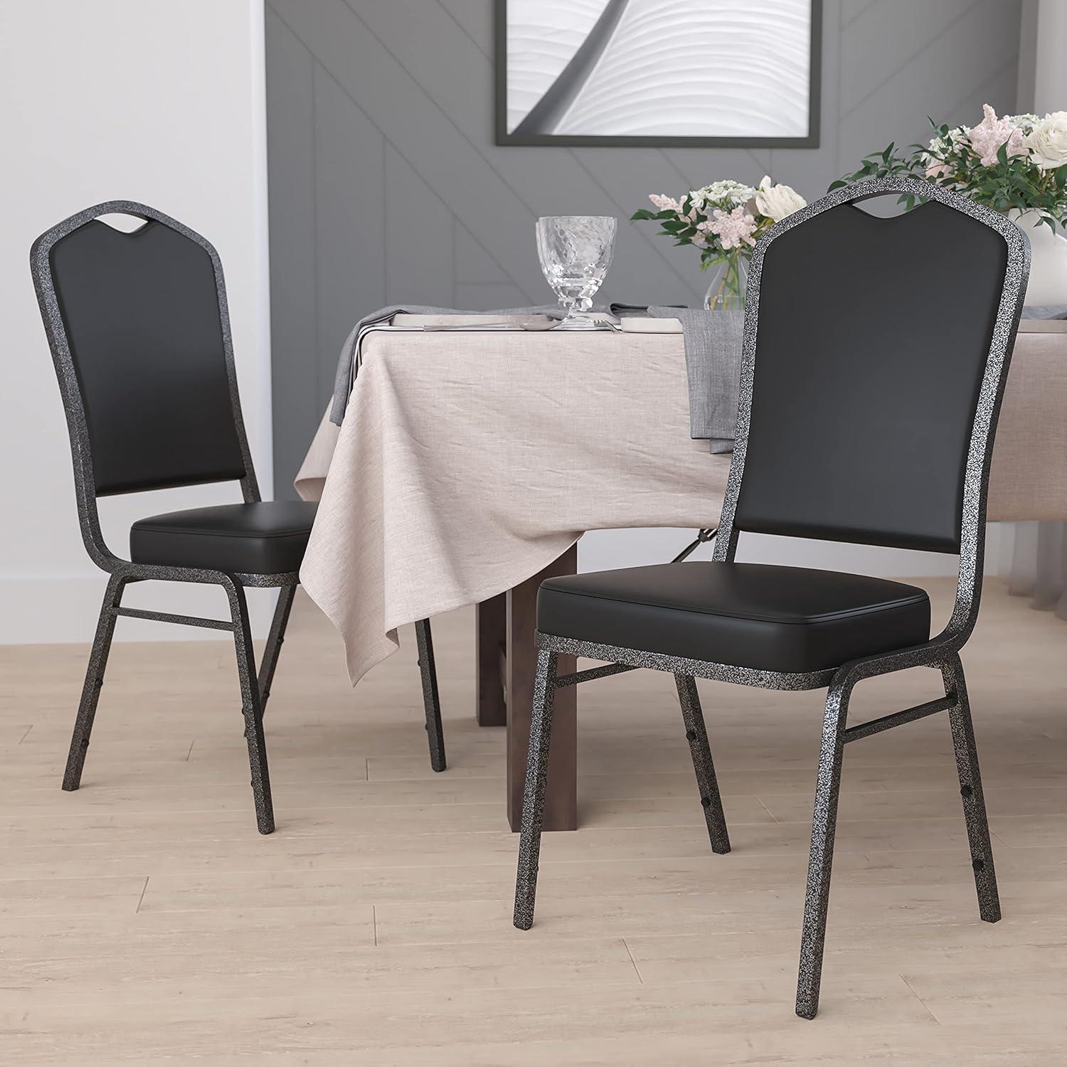 imageFlash Furniture 4 Pack HERCULES Series Crown Back Stacking Banquet Chair in Black Fabric Silver FrameBlack VinylSilver Vein Frame