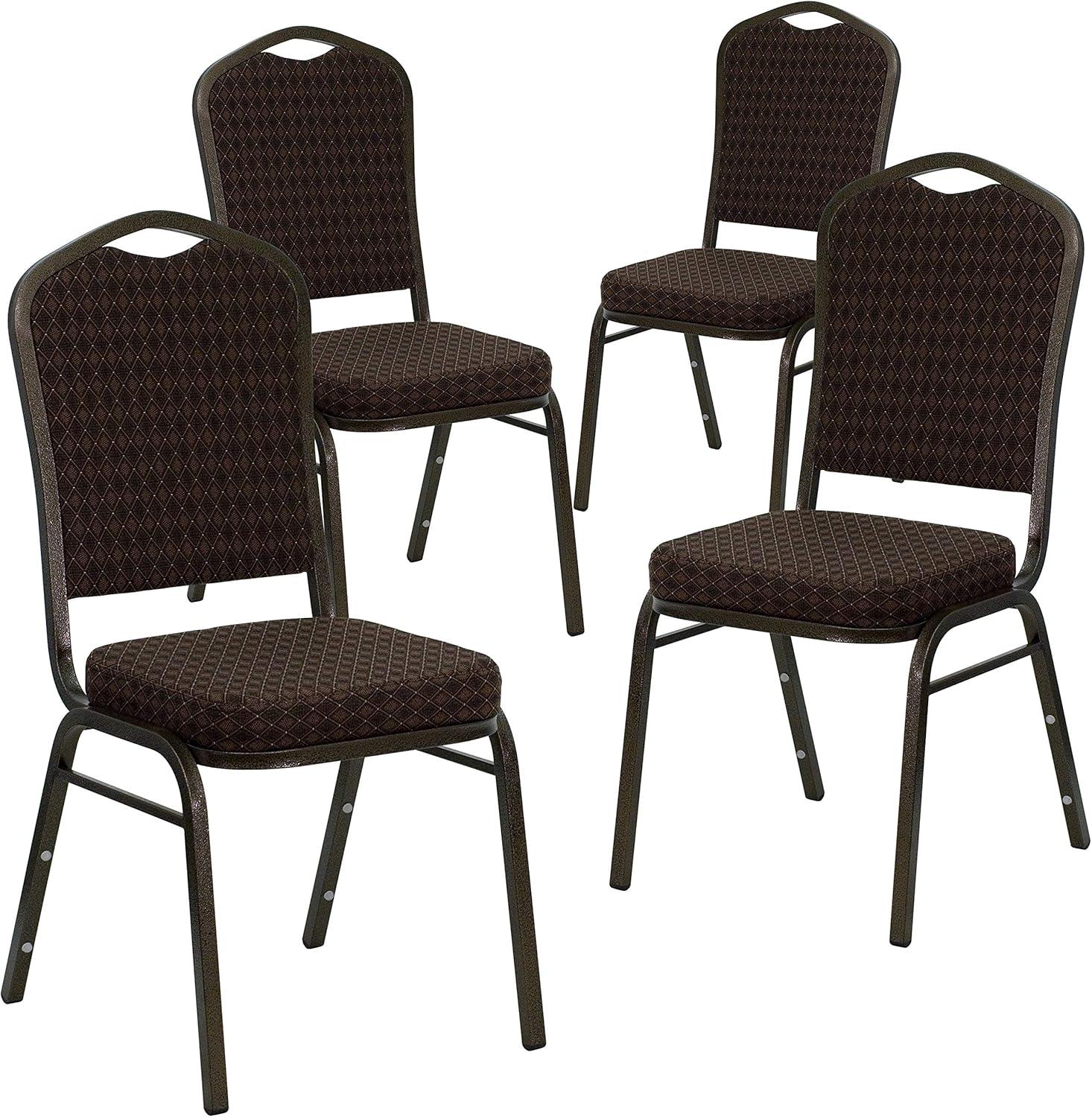 imageFlash Furniture 4 Pack HERCULES Series Crown Back Stacking Banquet Chair in Black Fabric Silver FrameBrown Patterned FabricGold Vein Frame