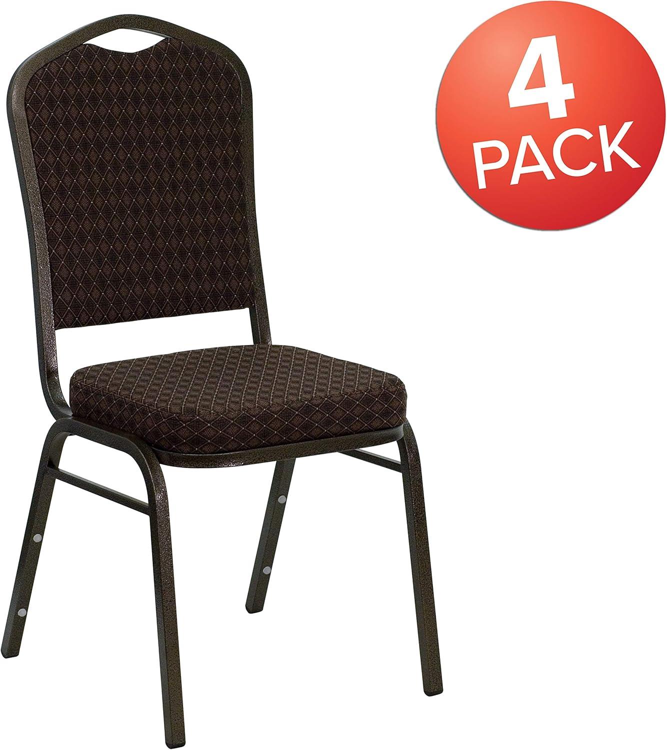 imageFlash Furniture 4 Pack HERCULES Series Crown Back Stacking Banquet Chair in Black Fabric Silver FrameBrown Patterned FabricGold Vein Frame