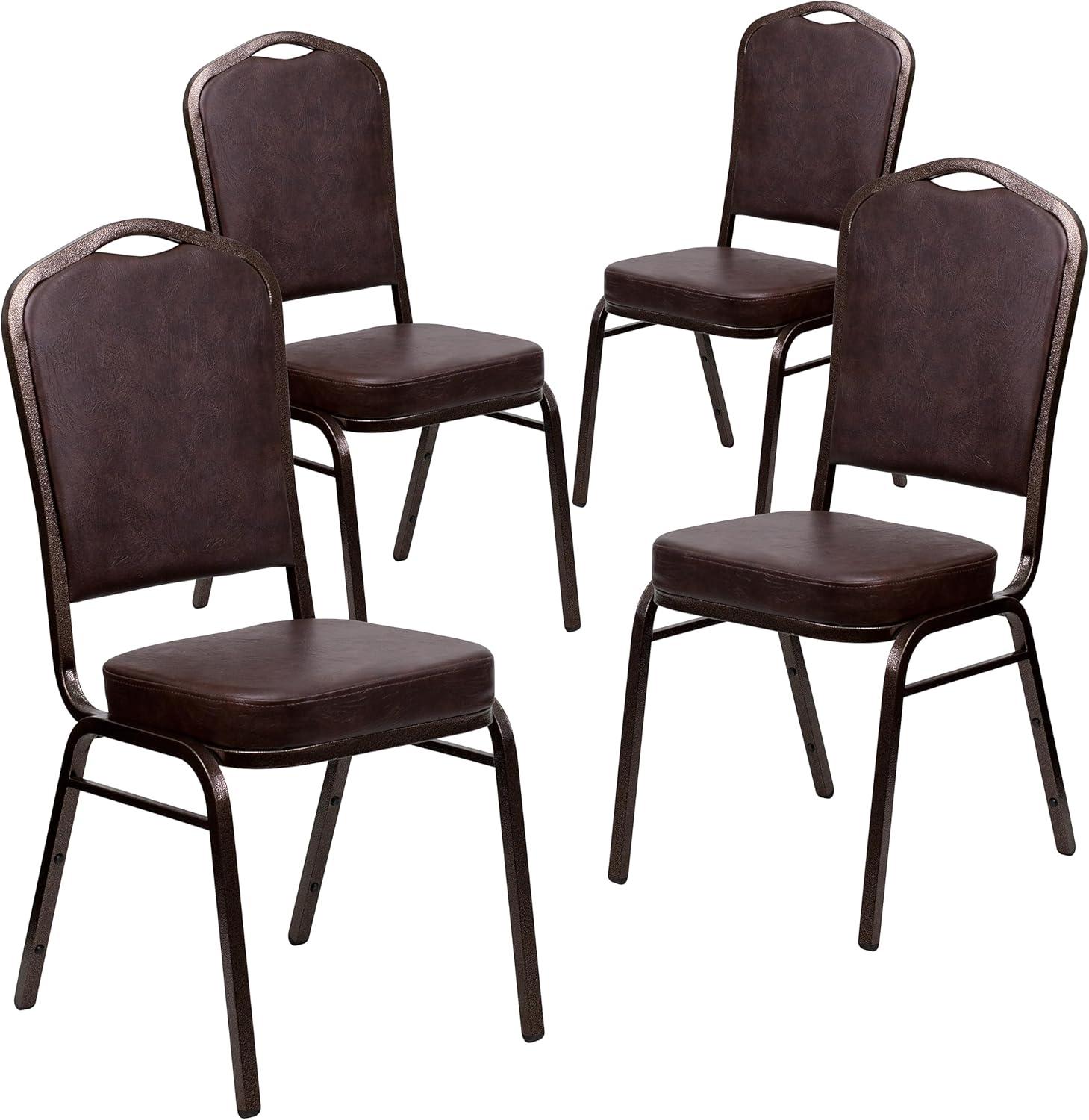 imageFlash Furniture 4 Pack HERCULES Series Crown Back Stacking Banquet Chair in Black Fabric Silver FrameBrown VinylCopper Vein Frame