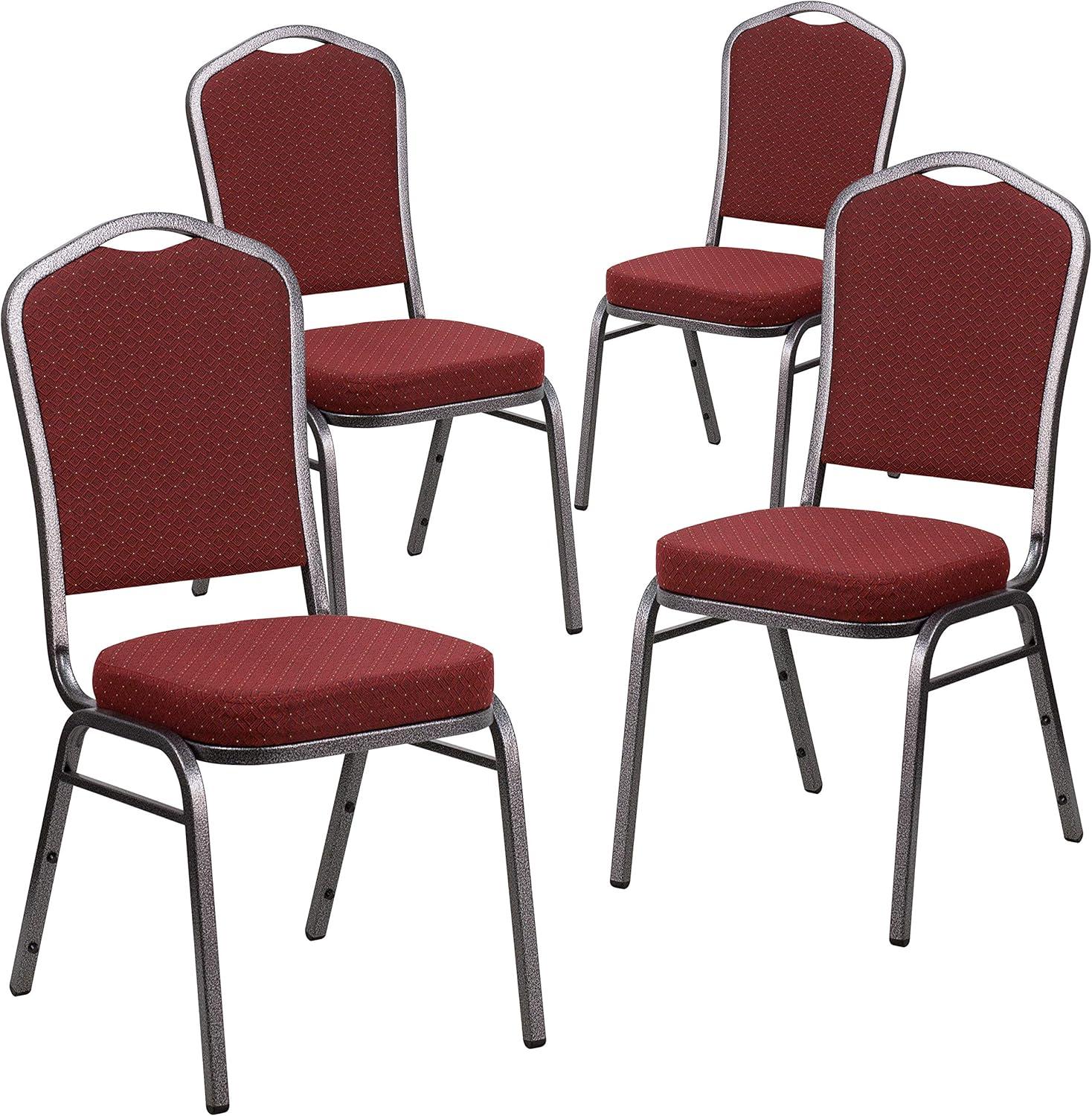 imageFlash Furniture 4 Pack HERCULES Series Crown Back Stacking Banquet Chair in Black Fabric Silver FrameBurgundy Patterned FabricSilver Vein Frame
