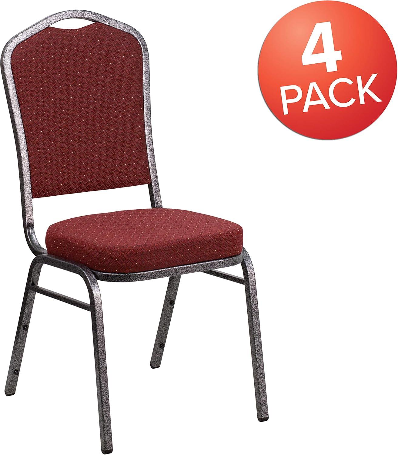 imageFlash Furniture 4 Pack HERCULES Series Crown Back Stacking Banquet Chair in Black Fabric Silver FrameBurgundy Patterned FabricSilver Vein Frame