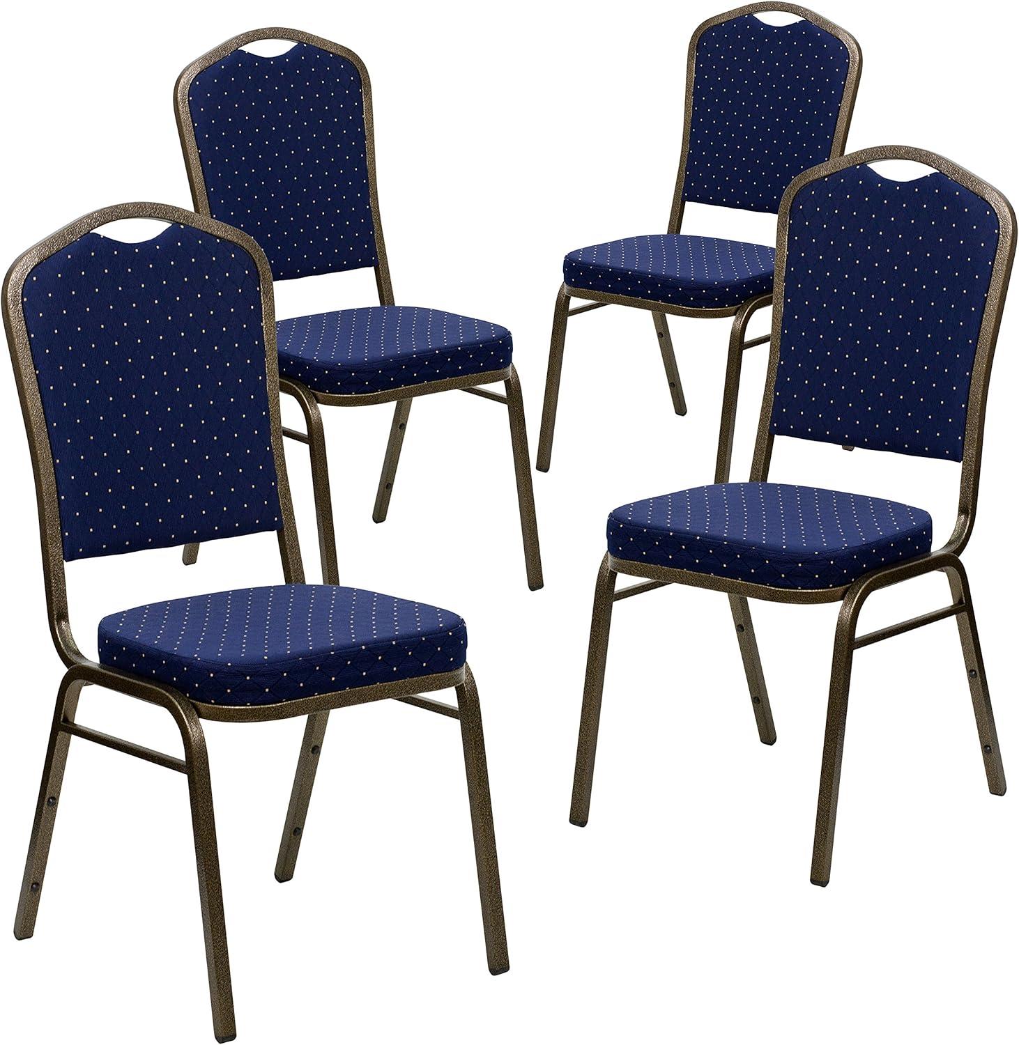 imageFlash Furniture 4 Pack HERCULES Series Crown Back Stacking Banquet Chair in Black Fabric Silver FrameNavy Blue Dot Patterned FabricGold Vein Frame