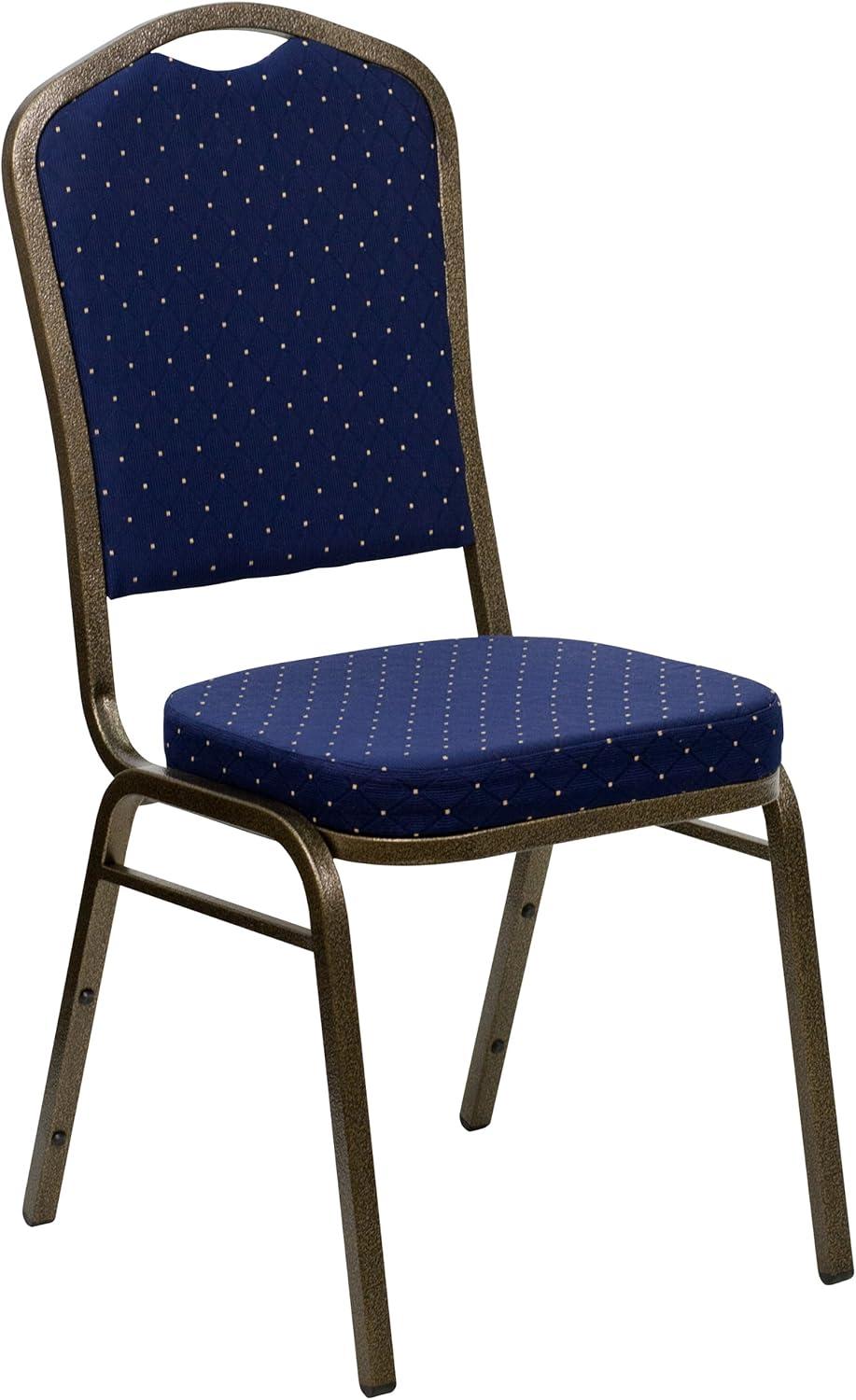 imageFlash Furniture 4 Pack HERCULES Series Crown Back Stacking Banquet Chair in Black Fabric Silver FrameNavy Blue Dot Patterned FabricGold Vein Frame