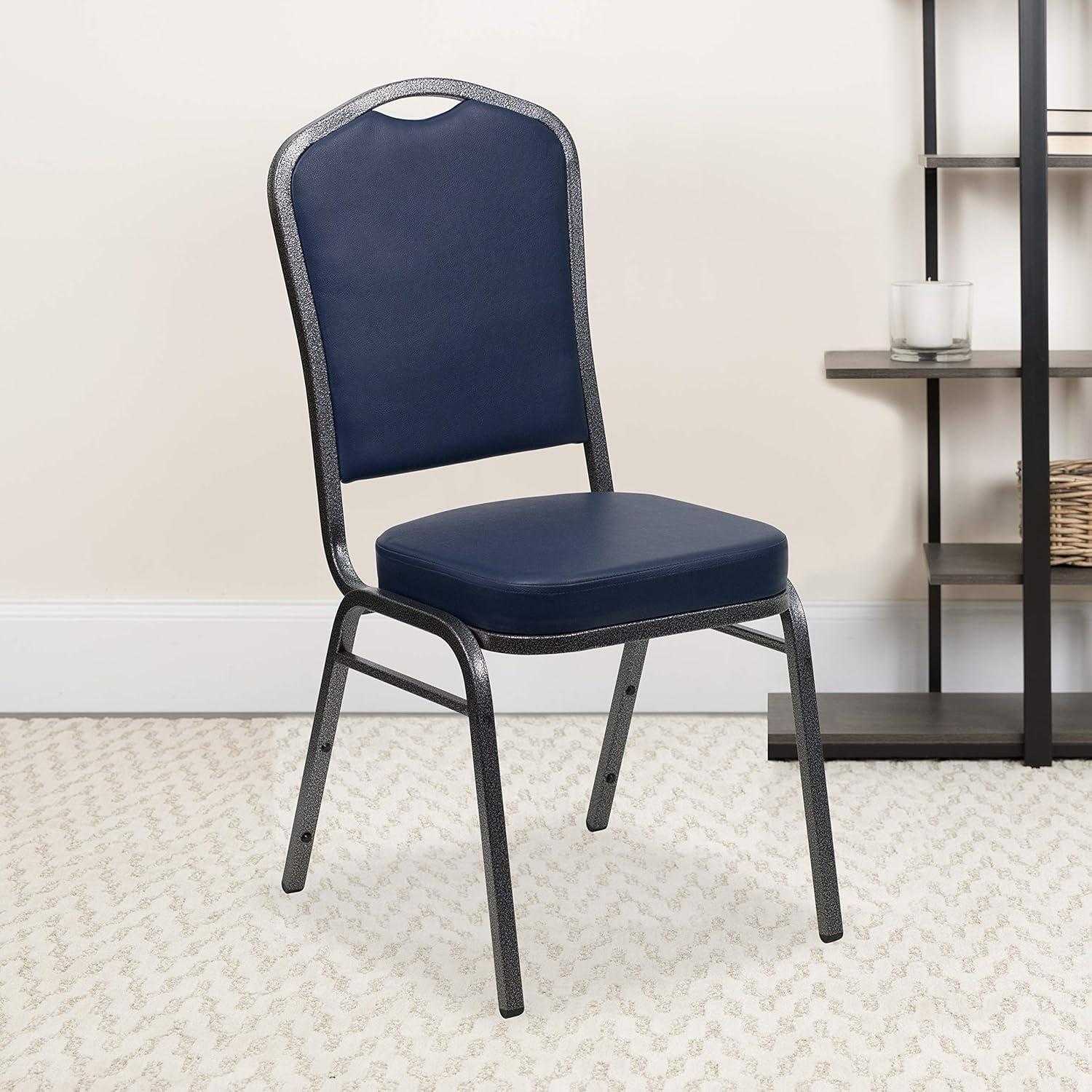 imageFlash Furniture 4 Pack HERCULES Series Crown Back Stacking Banquet Chair in Black Fabric Silver FrameNavy VinylSilver Vein Frame