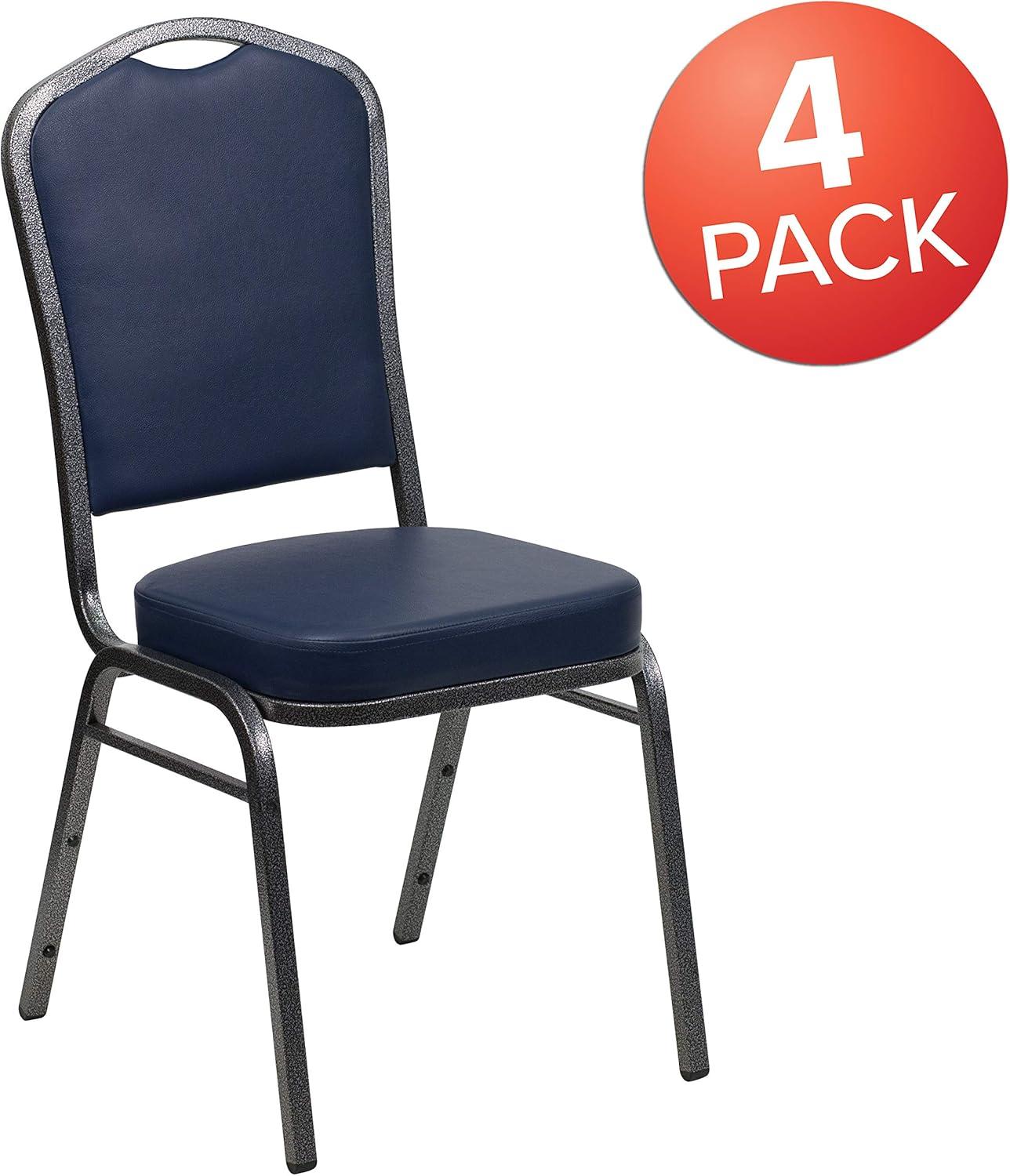 imageFlash Furniture 4 Pack HERCULES Series Crown Back Stacking Banquet Chair in Black Fabric Silver FrameNavy VinylSilver Vein Frame
