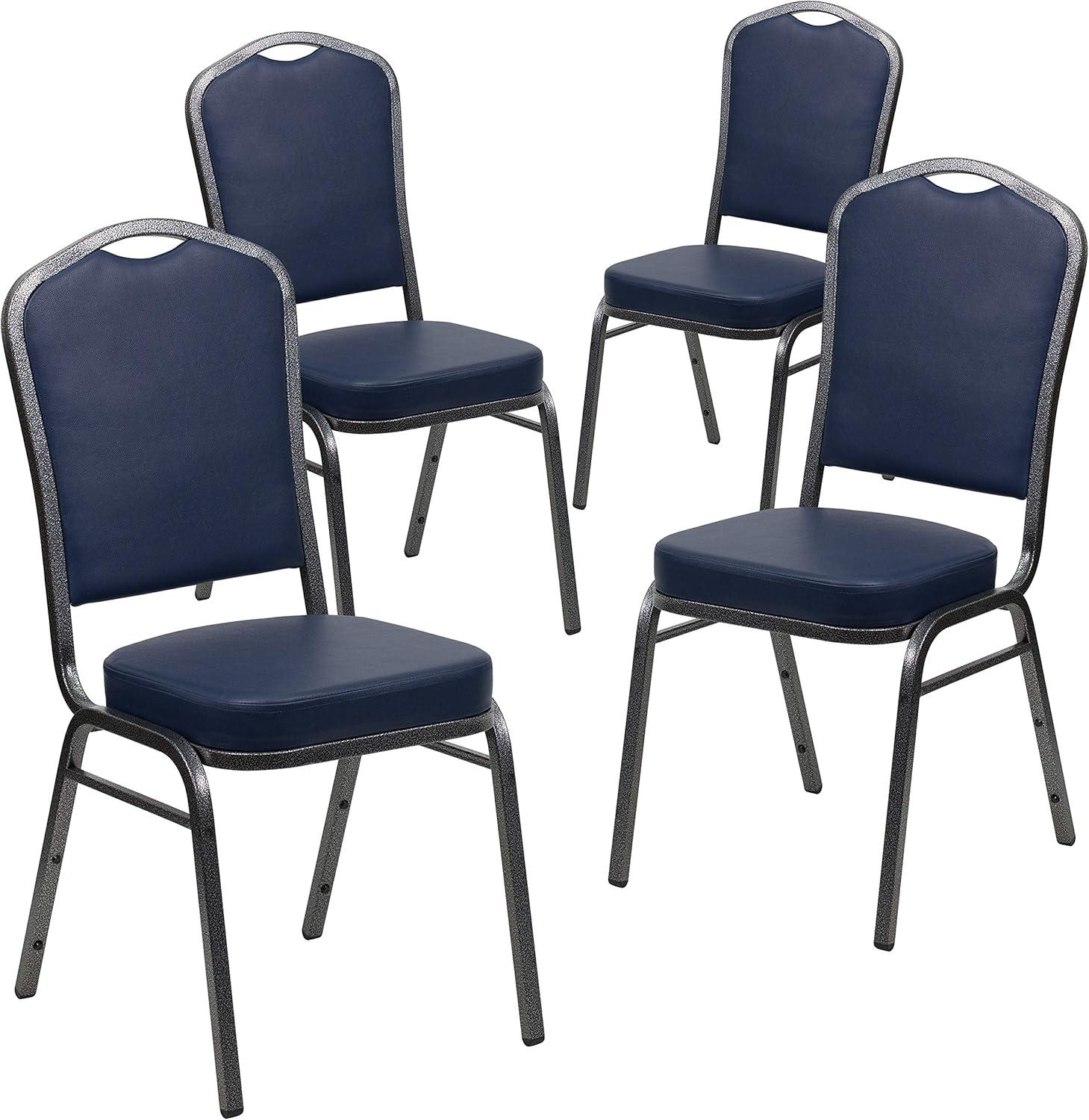 imageFlash Furniture 4 Pack HERCULES Series Crown Back Stacking Banquet Chair in Black Fabric Silver FrameNavy VinylSilver Vein Frame