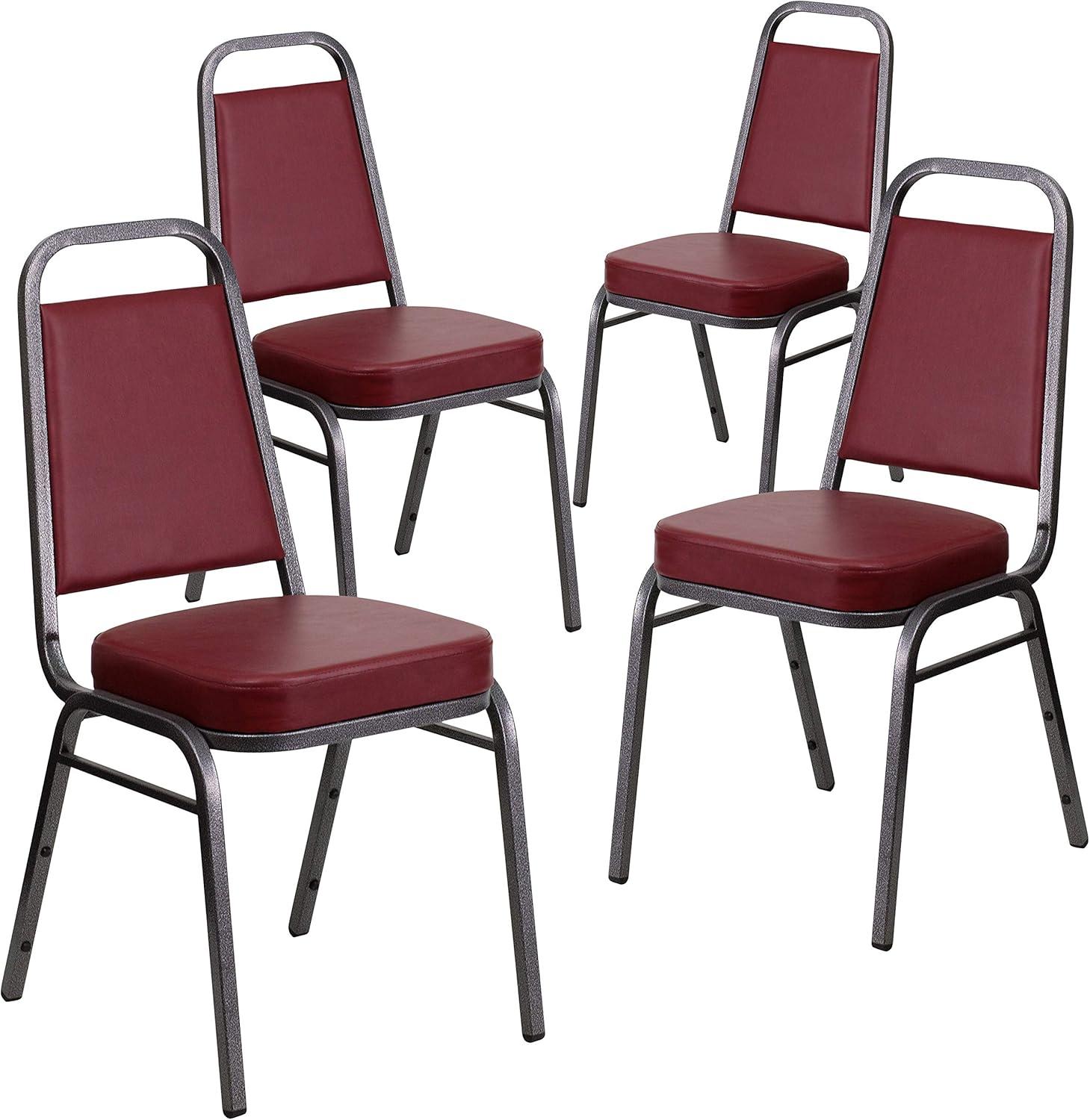 imageFlash Furniture 4 Pack HERCULES Series Trapezoidal Back Stacking Banquet Chair in Burgundy Patterned Fabric Gold FrameBurgundy VinylSilver Vein Frame