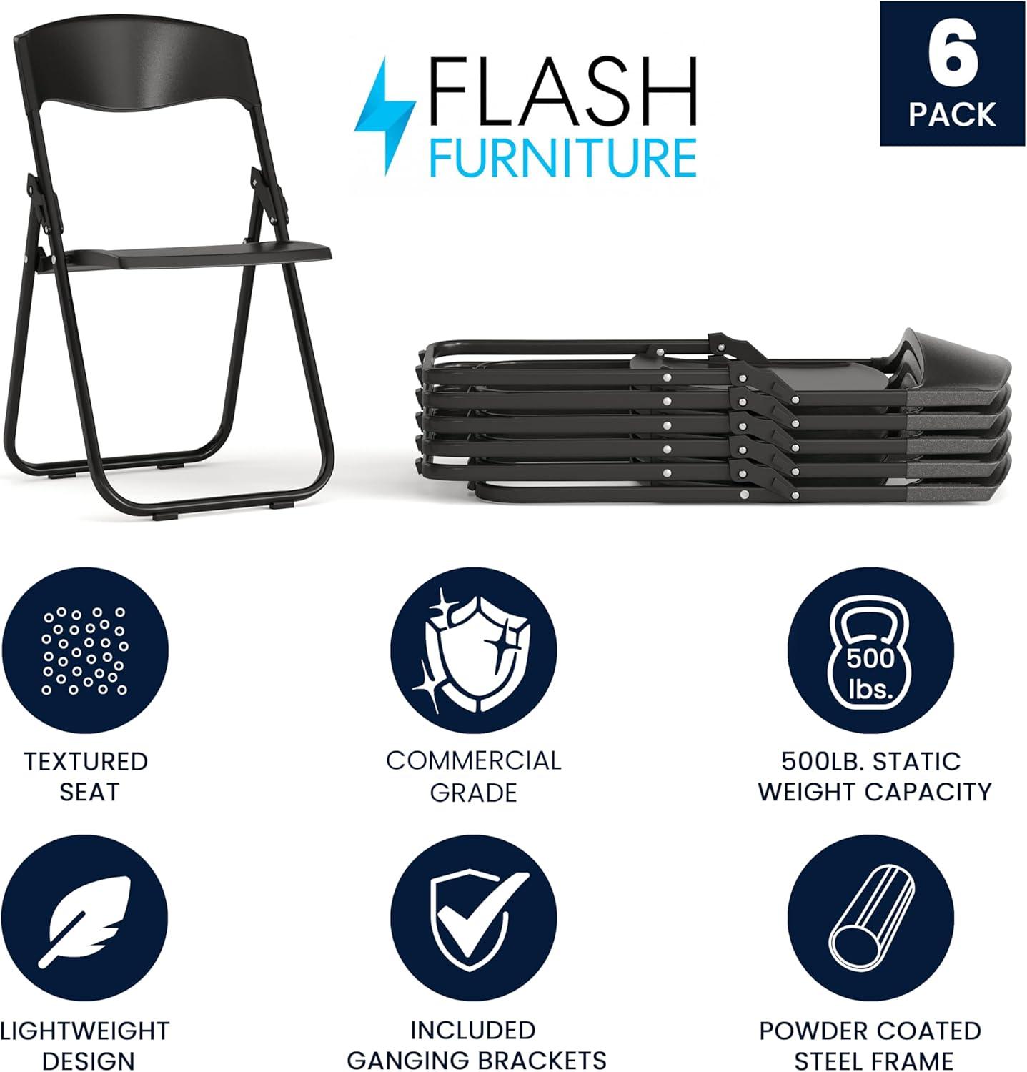 imageFlash Furniture 6 Pack HERCULES Series 500 lb Capacity Heavy Duty Black Plastic Folding Chair with Builtin Ganging BracketsBlack