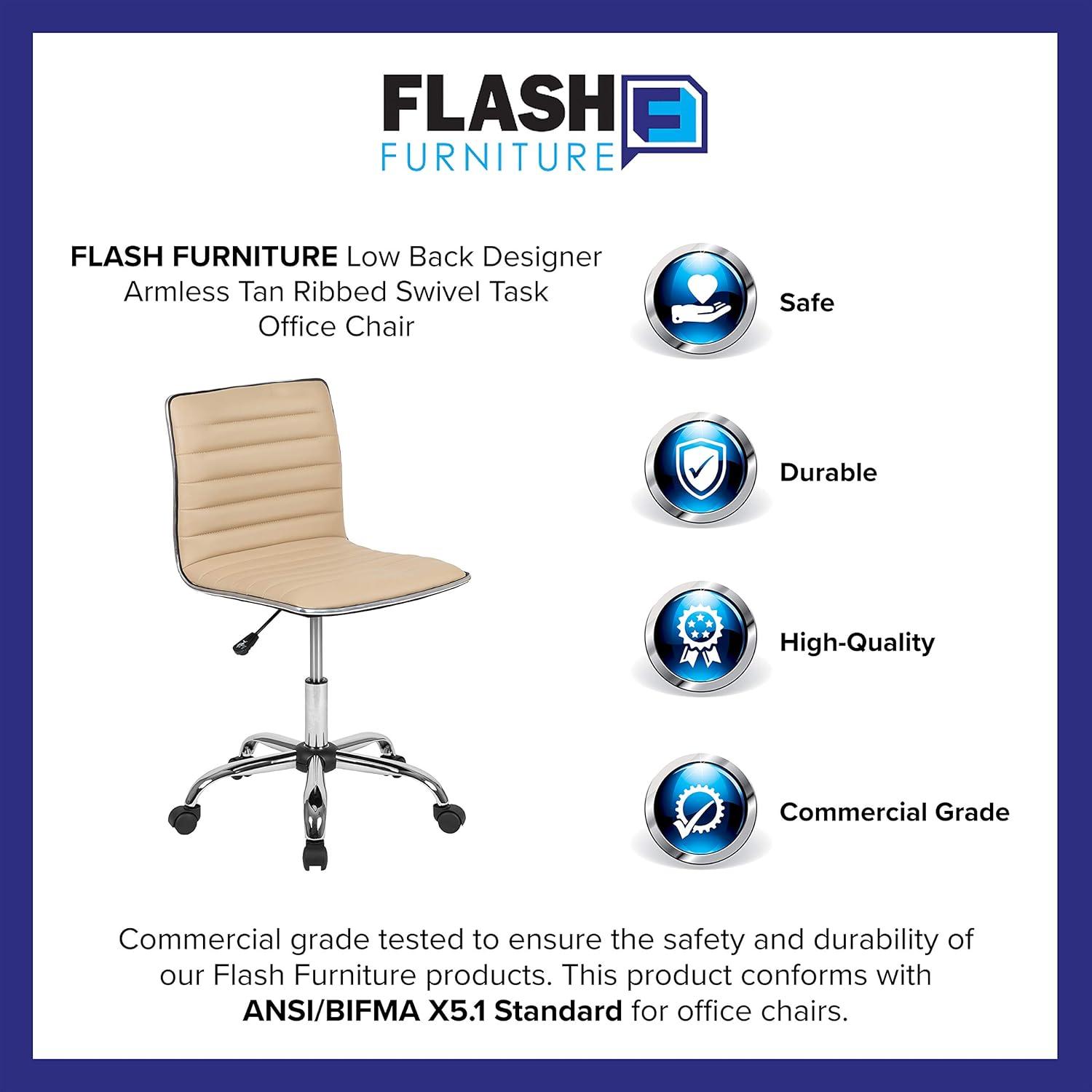 imageFlash Furniture Alan Office Task Chair Brown Vinyl Chrome Frame Armless Ribbed Back and Seat Low Back DesignTanChrome
