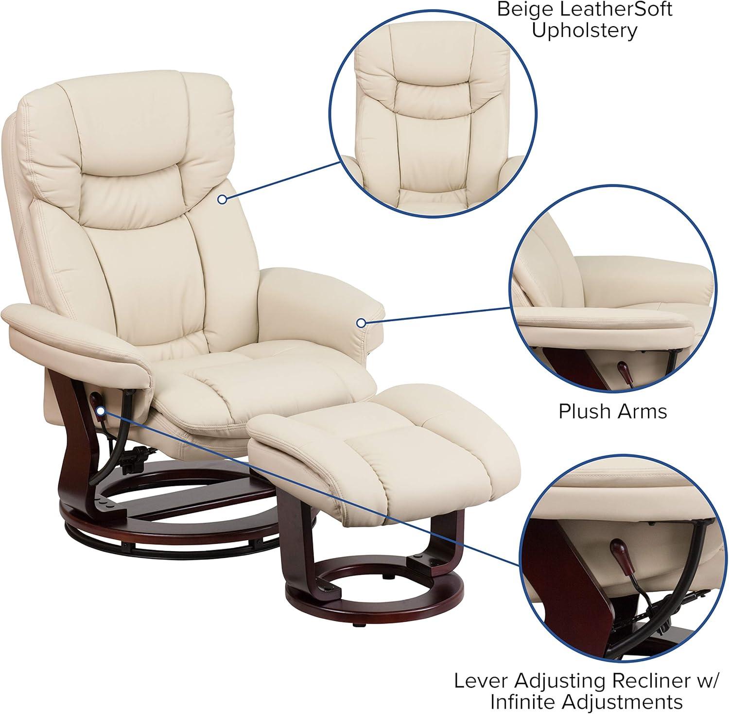 imageFlash Furniture Allie LeatherSoft Upholstered Recliner with Footrest Arms and Headrest Padded Swivel Recliner Chair and Ottoman Set PaliminoBeige