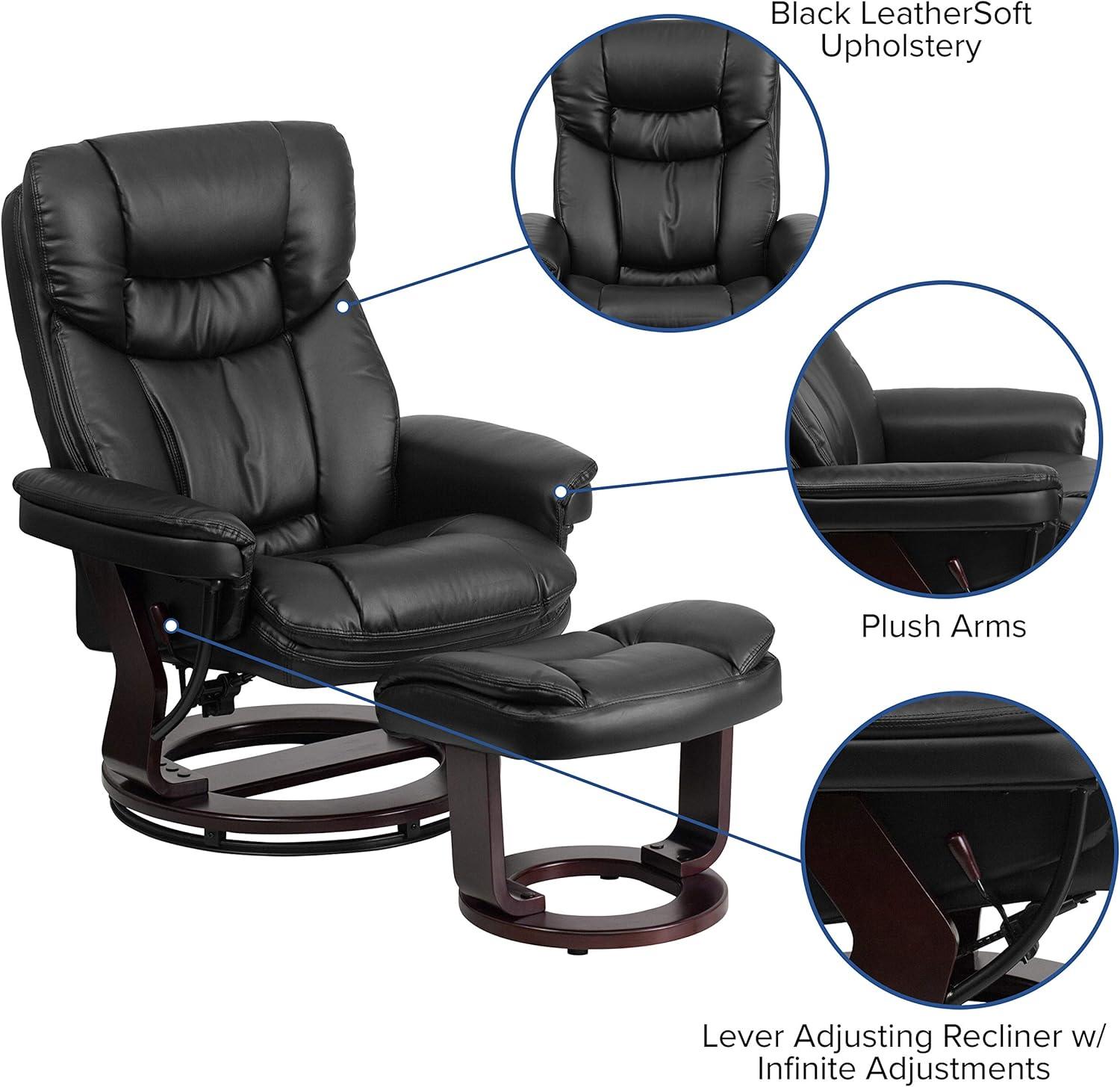 imageFlash Furniture Allie LeatherSoft Upholstered Recliner with Footrest Arms and Headrest Padded Swivel Recliner Chair and Ottoman Set PaliminoBlack