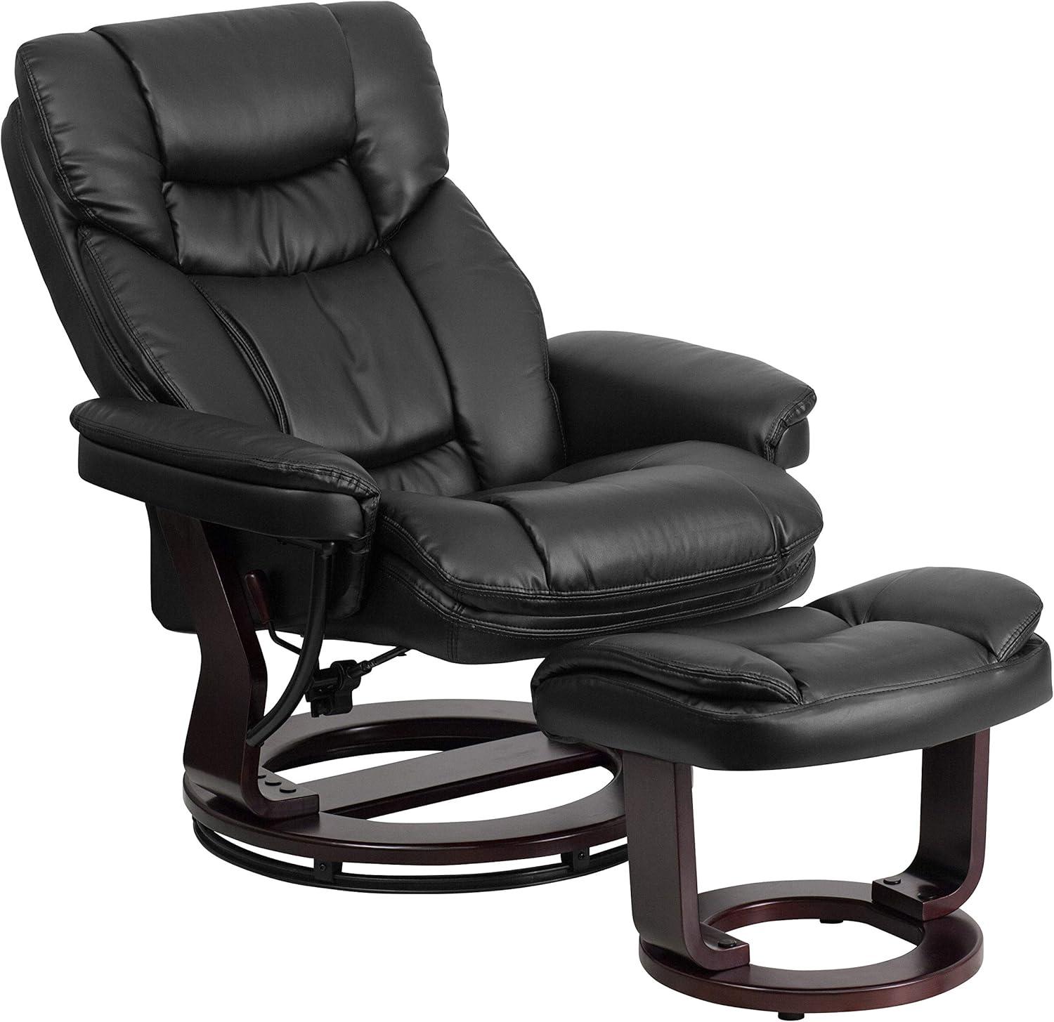 imageFlash Furniture Allie LeatherSoft Upholstered Recliner with Footrest Arms and Headrest Padded Swivel Recliner Chair and Ottoman Set PaliminoBlack