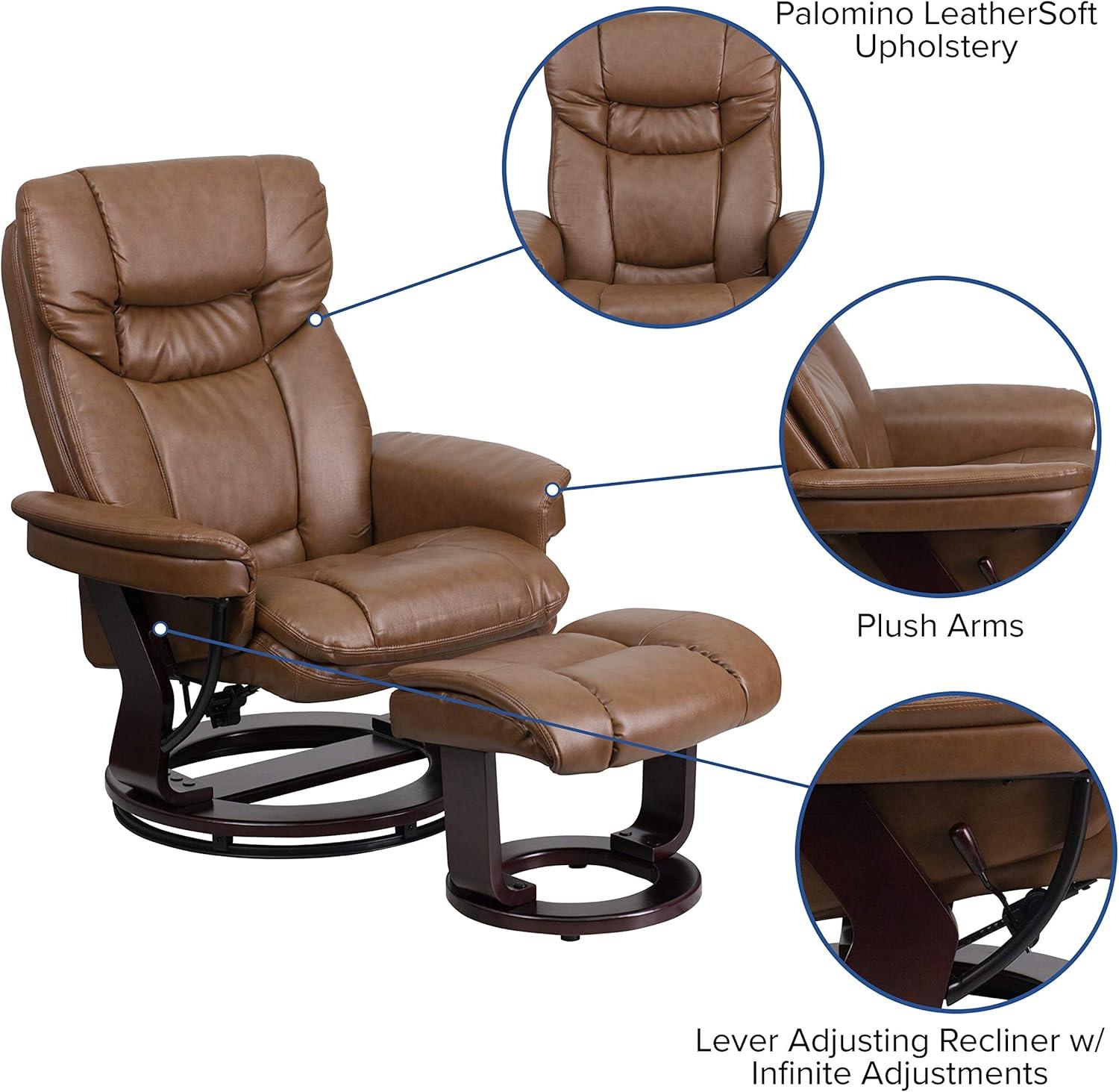 imageFlash Furniture Allie LeatherSoft Upholstered Recliner with Footrest Arms and Headrest Padded Swivel Recliner Chair and Ottoman Set PaliminoPalimino