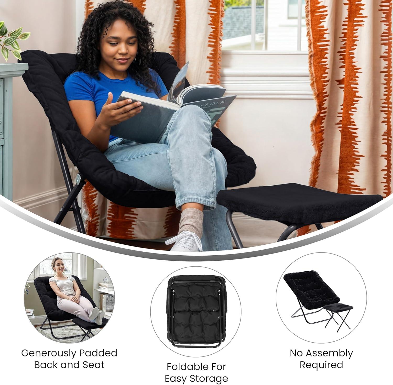 imageFlash Furniture Archer Saucer Chair with Folding Steel Frame Portable Oversized Saucer Chair for Dorm or Bedroom 28quot Dusty Aqua Faux FurSoft Gold FrameBlack FabricBlack Frame