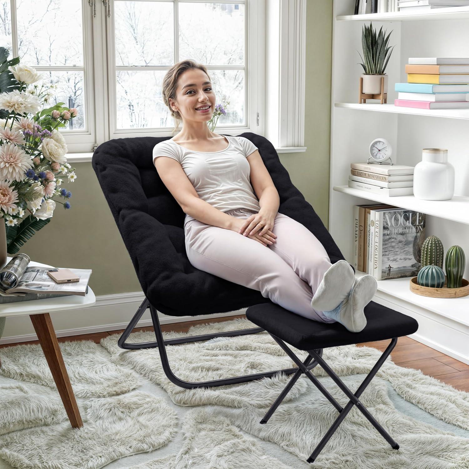 imageFlash Furniture Archer Saucer Chair with Folding Steel Frame Portable Oversized Saucer Chair for Dorm or Bedroom 28quot Dusty Aqua Faux FurSoft Gold FrameBlack FabricBlack Frame