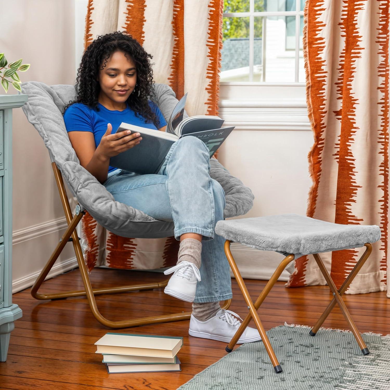 imageFlash Furniture Archer Saucer Chair with Folding Steel Frame Portable Oversized Saucer Chair for Dorm or Bedroom 28quot Dusty Aqua Faux FurSoft Gold FrameGray FabricSoft Gold Frame