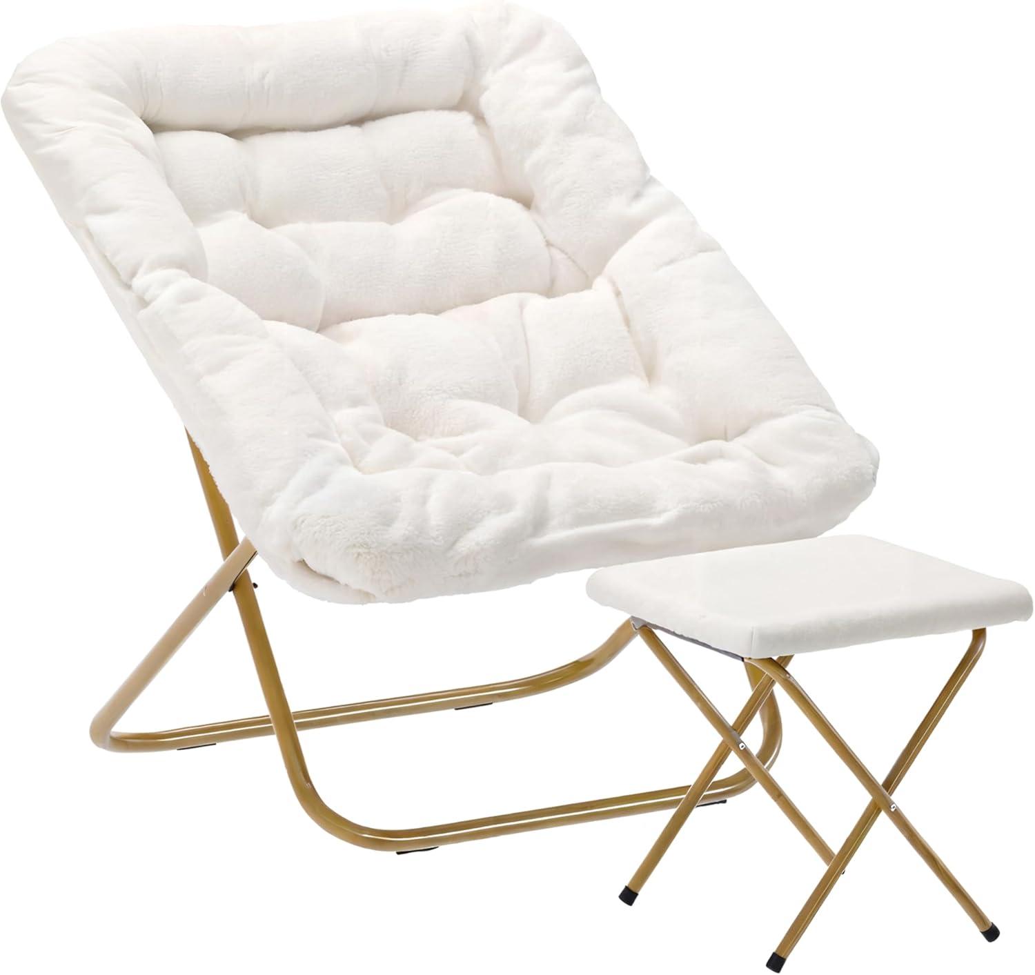 imageFlash Furniture Archer Saucer Chair with Folding Steel Frame Portable Oversized Saucer Chair for Dorm or Bedroom 28quot Dusty Aqua Faux FurSoft Gold FrameIvory Faux Shearling FabricSoft Gold Frame