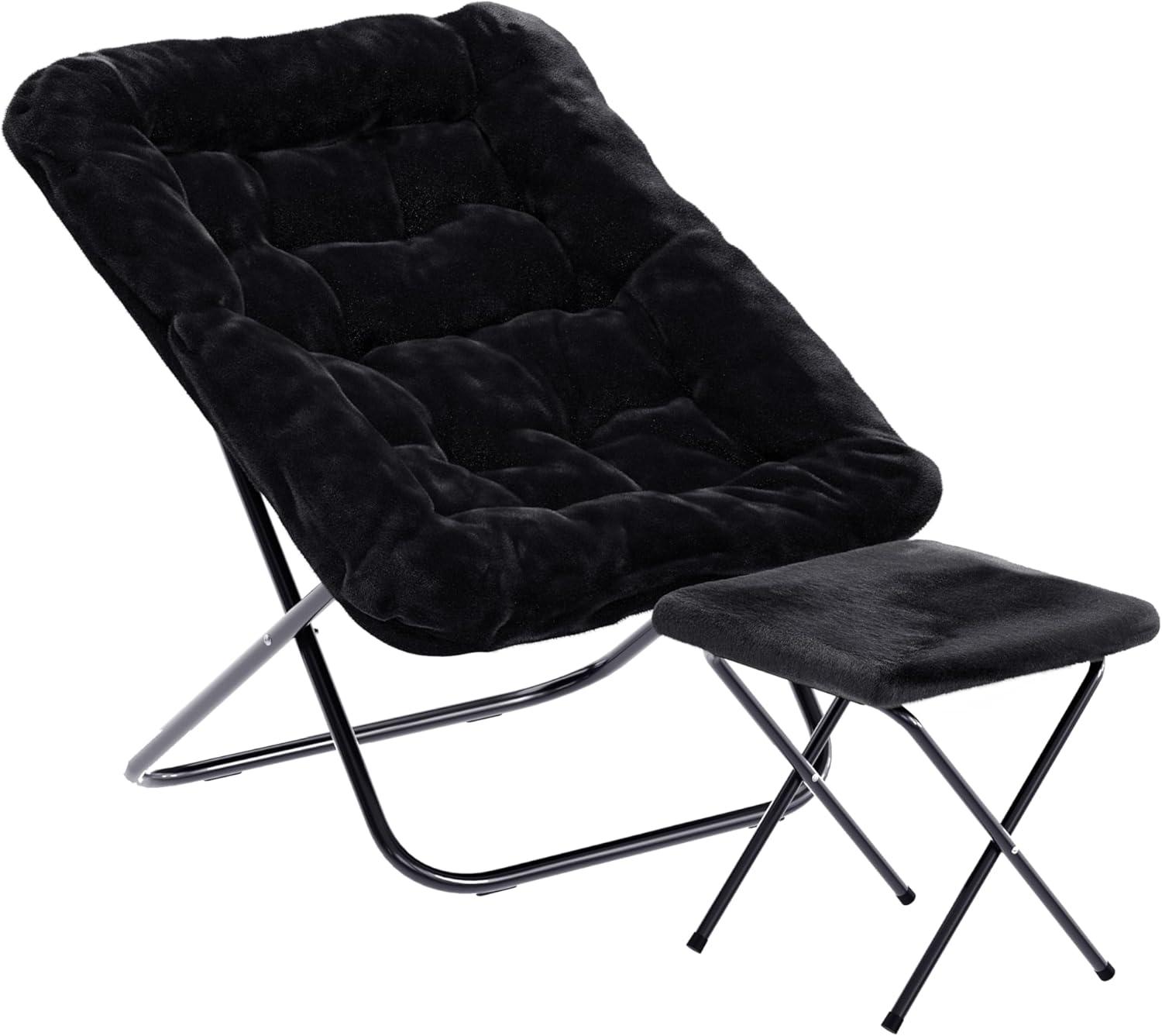 imageFlash Furniture Archer Saucer Chair with Folding Steel Frame Portable Oversized Saucer Chair for Dorm or Bedroom 28quot Dusty Aqua Faux FurSoft Gold FrameBlack FabricBlack Frame
