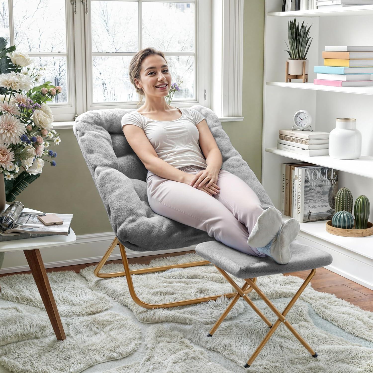 imageFlash Furniture Archer Saucer Chair with Folding Steel Frame Portable Oversized Saucer Chair for Dorm or Bedroom 28quot Dusty Aqua Faux FurSoft Gold FrameGray FabricSoft Gold Frame