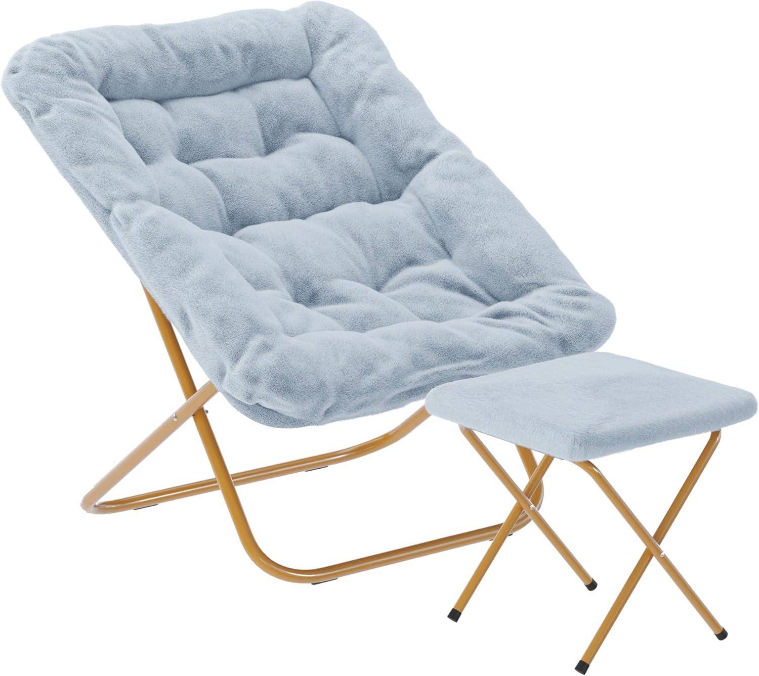 imageFlash Furniture Archer Saucer Chair with Folding Steel Frame Portable Oversized Saucer Chair for Dorm or Bedroom 28quot Dusty Aqua Faux FurSoft Gold FrameAqua FabricSoft Gold Frame