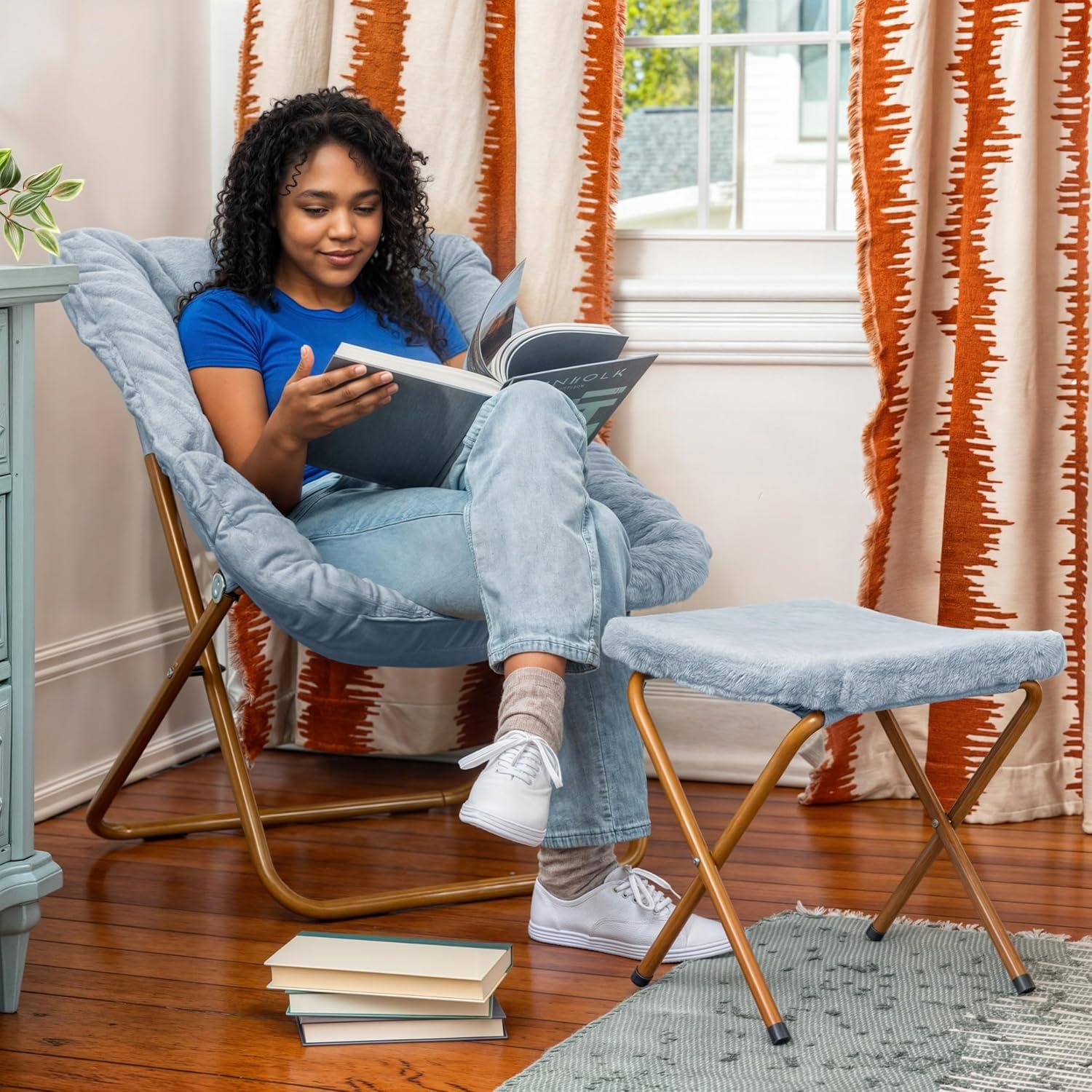 imageFlash Furniture Archer Saucer Chair with Folding Steel Frame Portable Oversized Saucer Chair for Dorm or Bedroom 28quot Dusty Aqua Faux FurSoft Gold FrameAqua FabricSoft Gold Frame