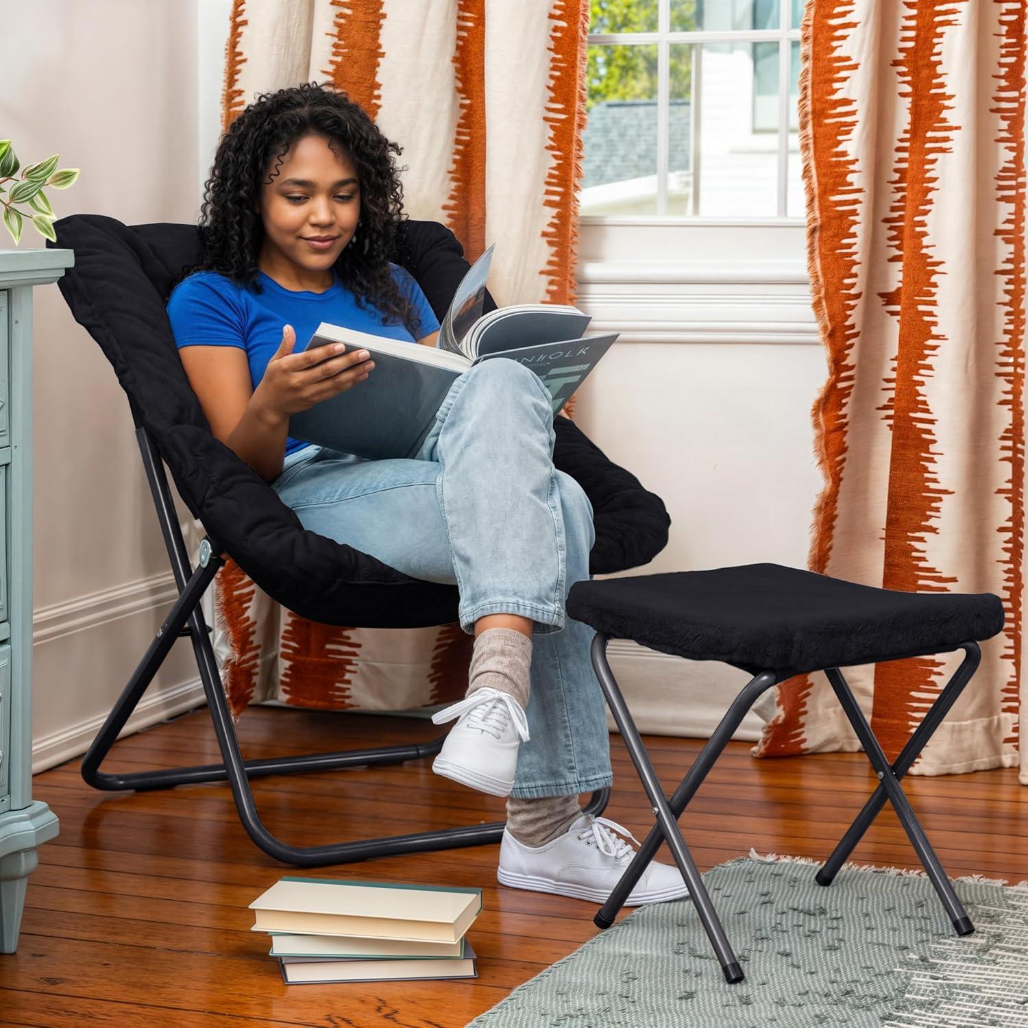 imageFlash Furniture Archer Saucer Chair with Folding Steel Frame Portable Oversized Saucer Chair for Dorm or Bedroom 28quot Dusty Aqua Faux FurSoft Gold FrameBlack FabricBlack Frame