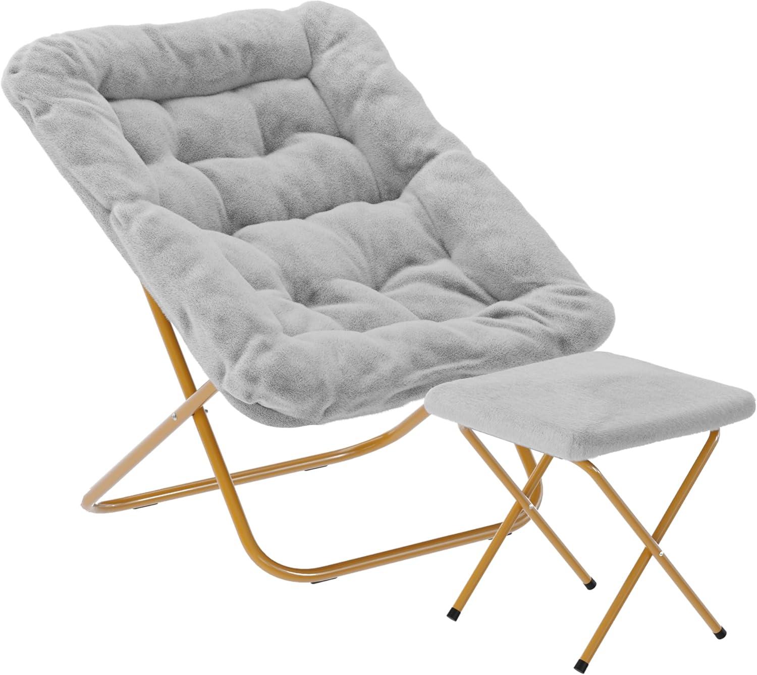 imageFlash Furniture Archer Saucer Chair with Folding Steel Frame Portable Oversized Saucer Chair for Dorm or Bedroom 28quot Dusty Aqua Faux FurSoft Gold FrameGray FabricSoft Gold Frame