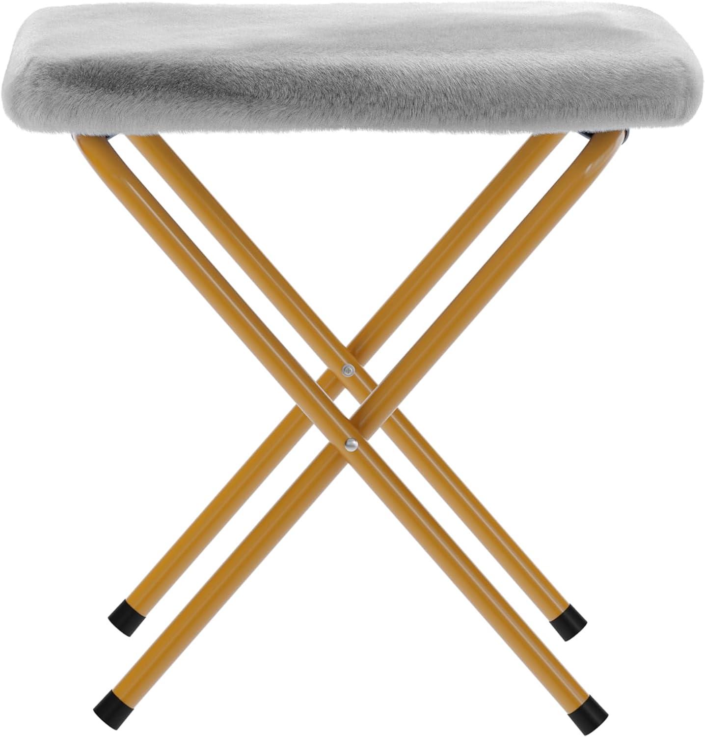 imageFlash Furniture Archer Saucer Chair with Folding Steel Frame Portable Oversized Saucer Chair for Dorm or Bedroom 28quot Dusty Aqua Faux FurSoft Gold FrameGray FabricSoft Gold Frame