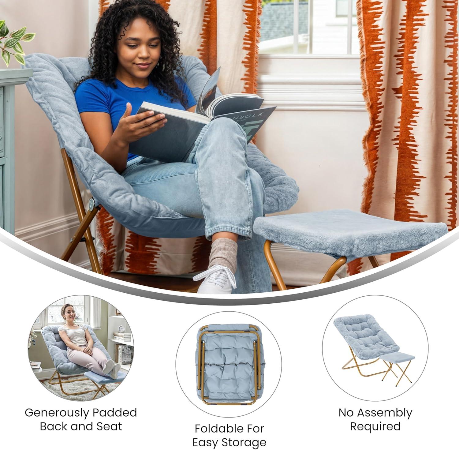 imageFlash Furniture Archer Saucer Chair with Folding Steel Frame Portable Oversized Saucer Chair for Dorm or Bedroom 28quot Dusty Aqua Faux FurSoft Gold FrameAqua FabricSoft Gold Frame