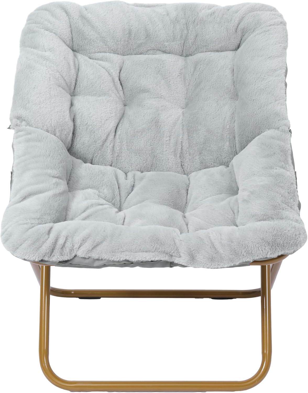 imageFlash Furniture Archer Saucer Chair with Folding Steel Frame Portable Oversized Saucer Chair for Dorm or Bedroom 28quot Dusty Aqua Faux FurSoft Gold FrameGray FabricSoft Gold Frame
