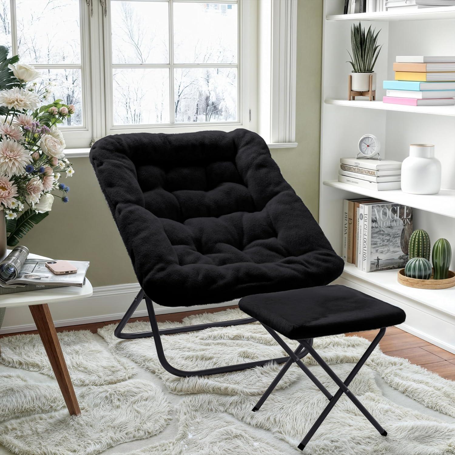 imageFlash Furniture Archer Saucer Chair with Folding Steel Frame Portable Oversized Saucer Chair for Dorm or Bedroom 28quot Dusty Aqua Faux FurSoft Gold FrameBlack FabricBlack Frame