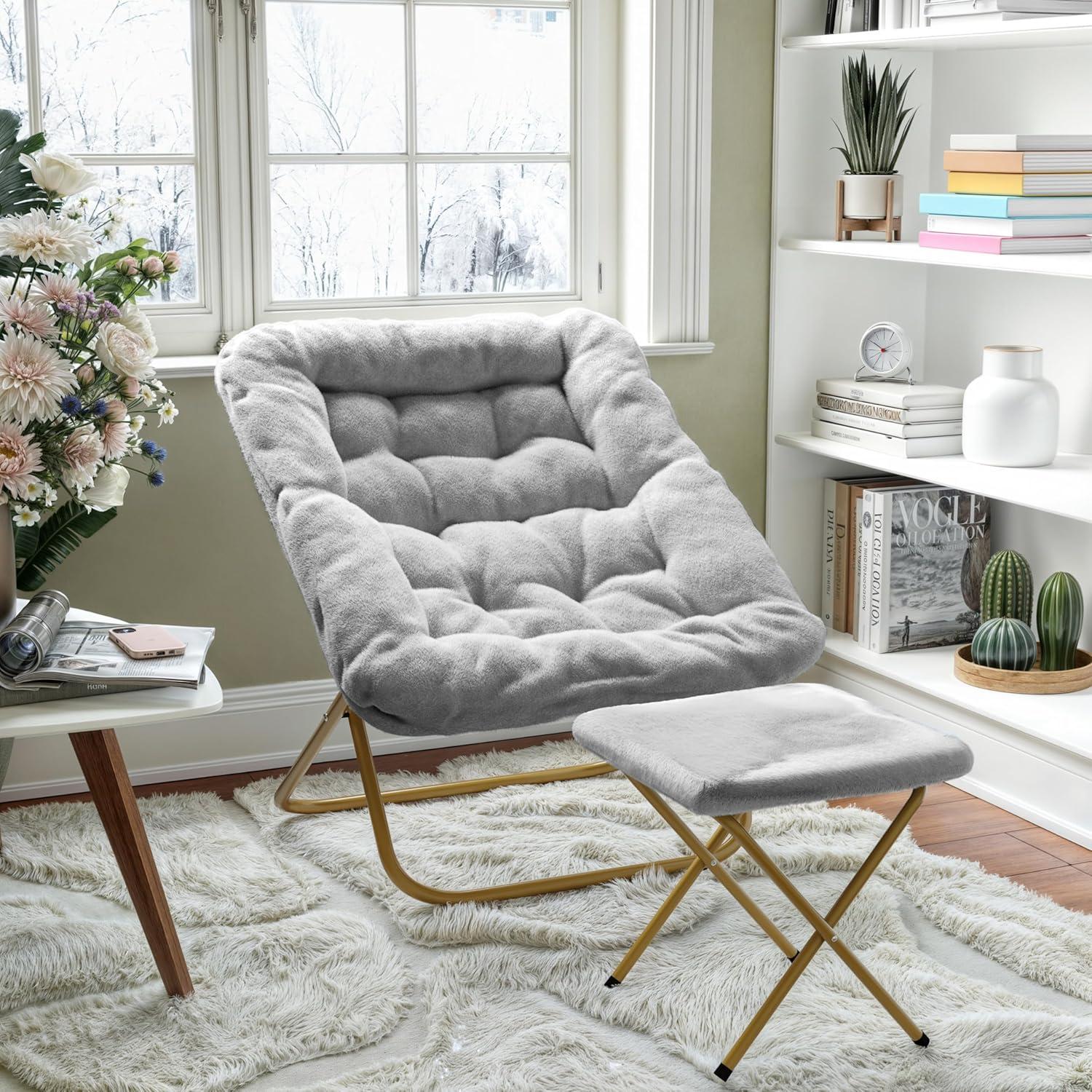 imageFlash Furniture Archer Saucer Chair with Folding Steel Frame Portable Oversized Saucer Chair for Dorm or Bedroom 28quot Dusty Aqua Faux FurSoft Gold FrameGray FabricSoft Gold Frame