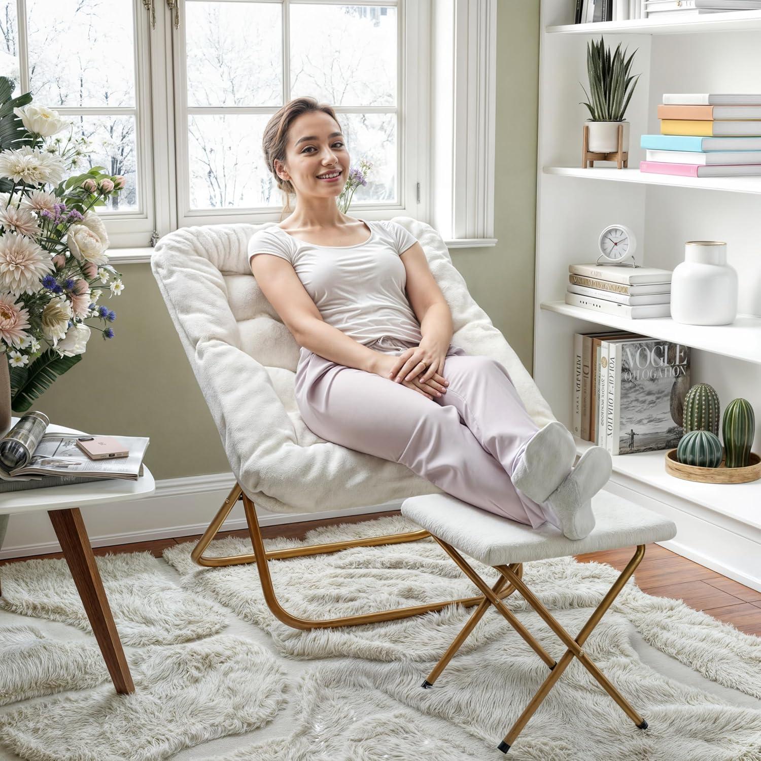 imageFlash Furniture Archer Saucer Chair with Folding Steel Frame Portable Oversized Saucer Chair for Dorm or Bedroom 28quot Dusty Aqua Faux FurSoft Gold FrameIvory Faux Shearling FabricSoft Gold Frame